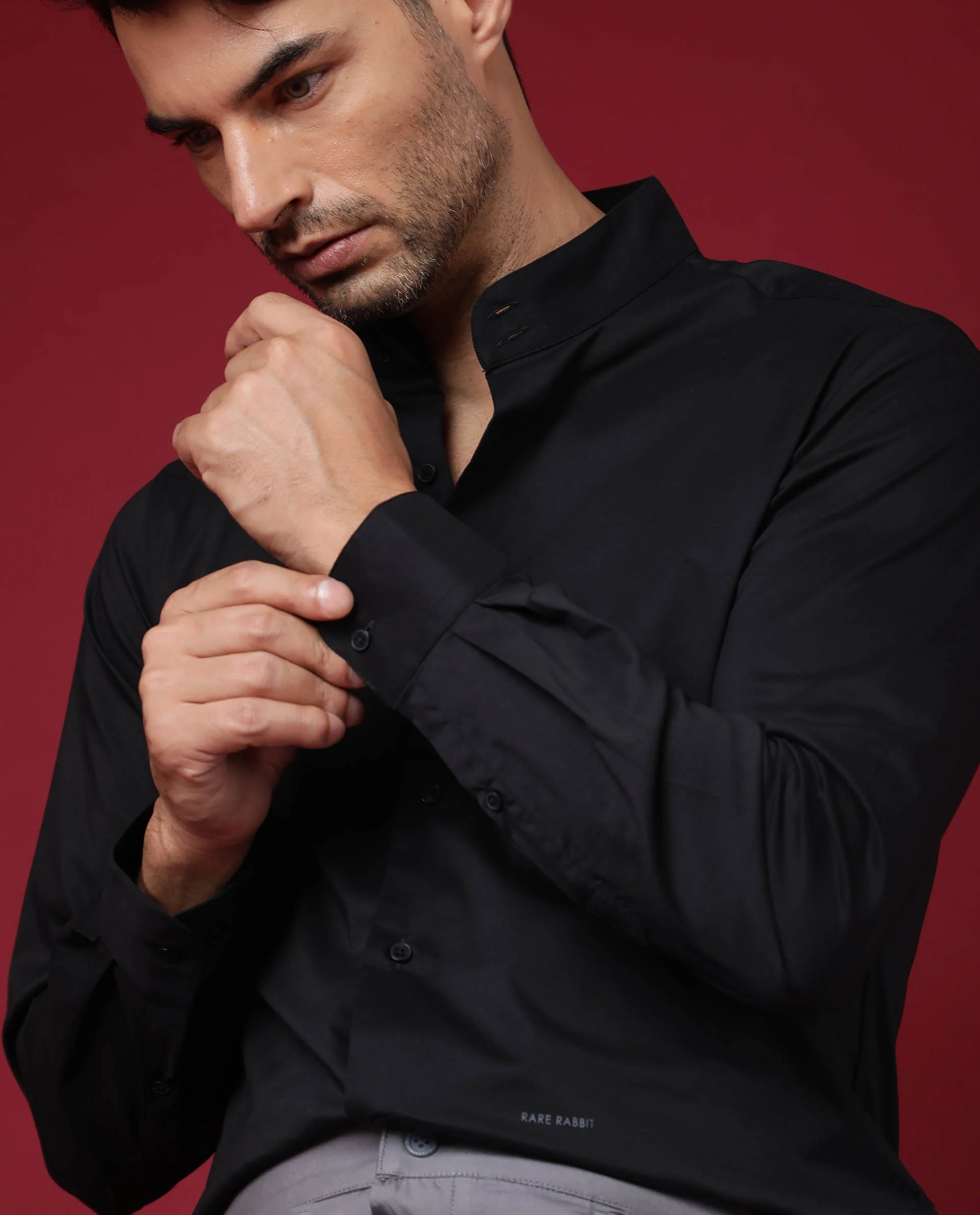 Rare Rabbit Men's Cox Black Polyester Plain Regular Fit Full Sleeve Mandarin Collar Shirt