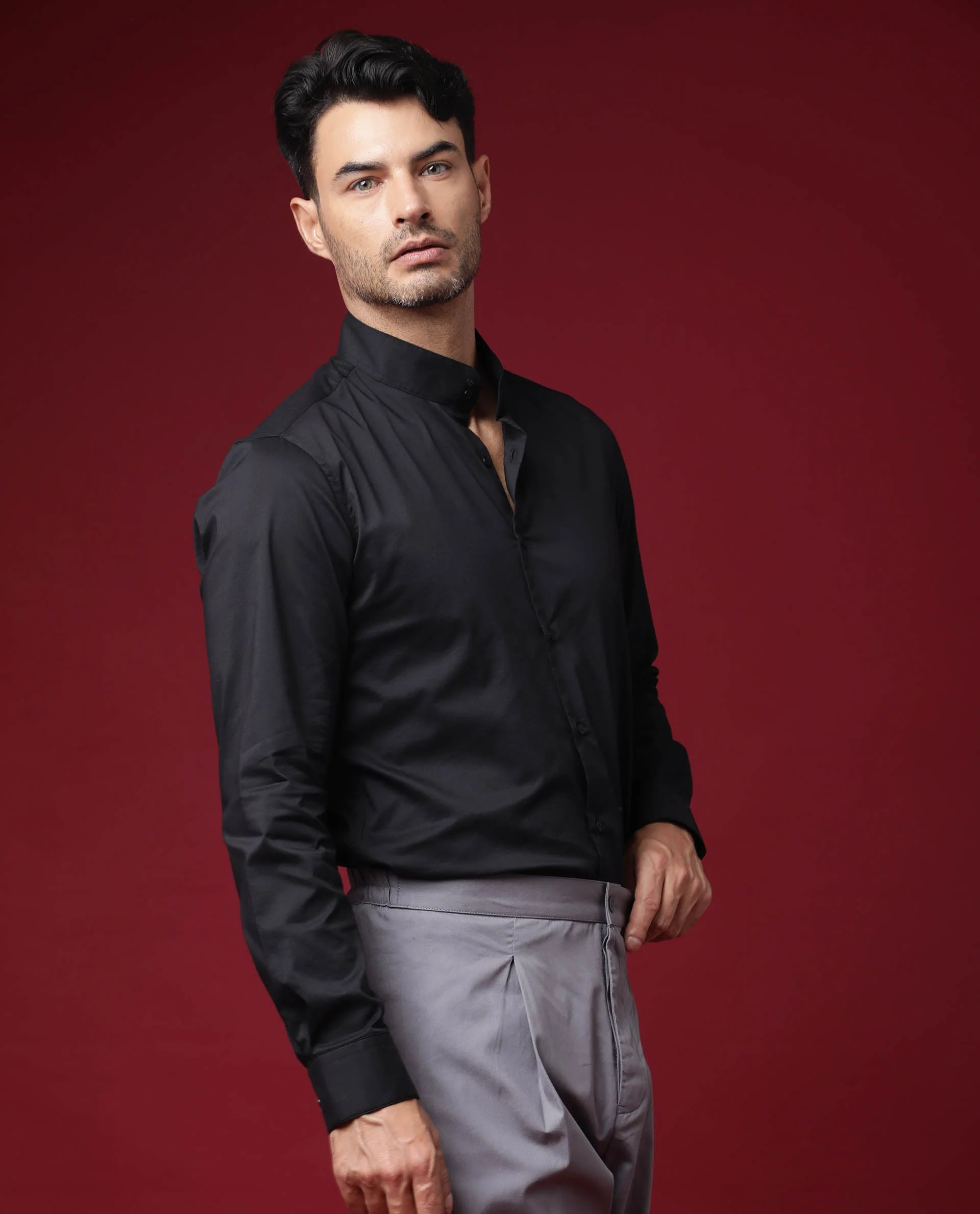 Rare Rabbit Men's Cox Black Polyester Plain Regular Fit Full Sleeve Mandarin Collar Shirt - Image 2