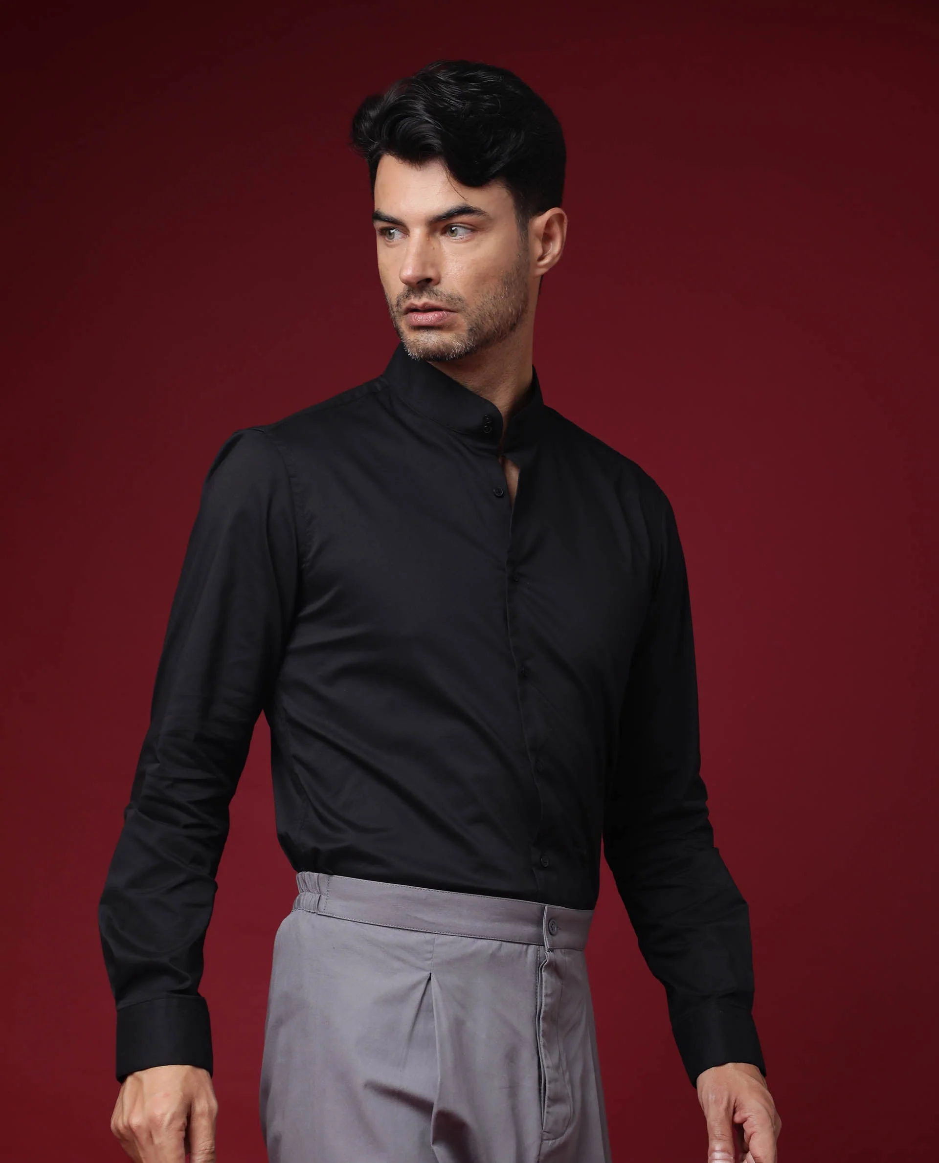 Rare Rabbit Men's Cox Black Polyester Plain Regular Fit Full Sleeve Mandarin Collar Shirt - Image 3