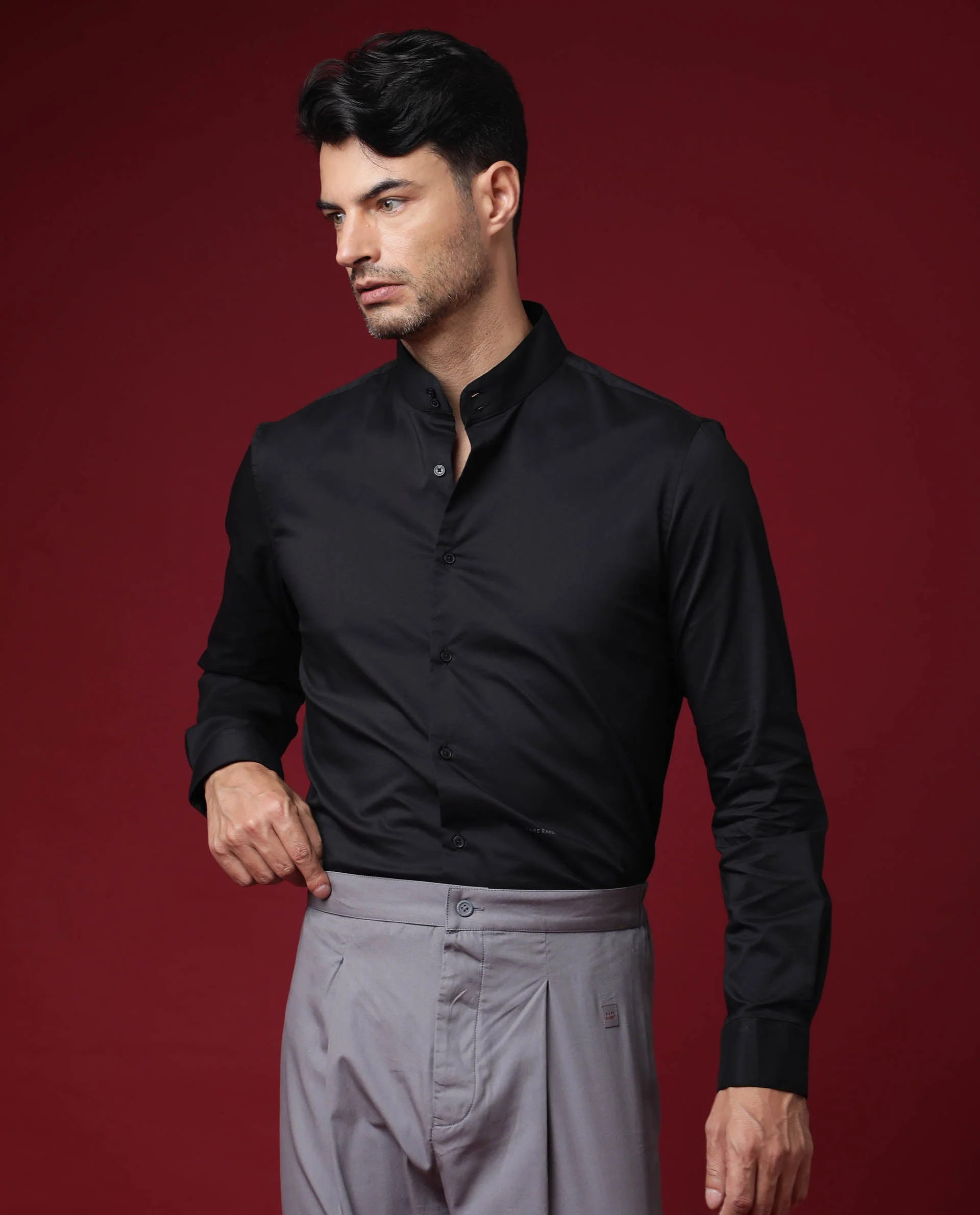 Rare Rabbit Men's Cox Black Polyester Plain Regular Fit Full Sleeve Mandarin Collar Shirt - Image 5