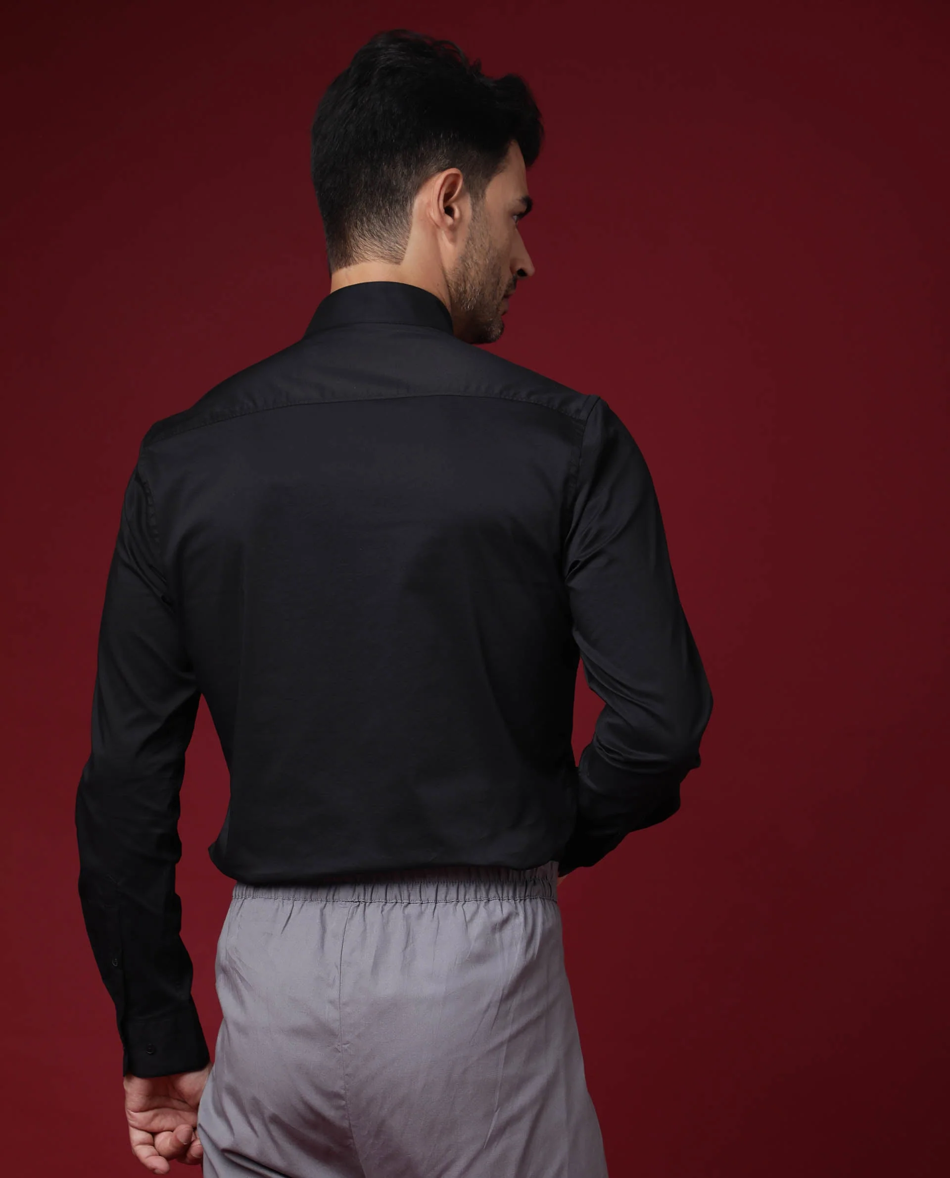 Rare Rabbit Men's Cox Black Polyester Plain Regular Fit Full Sleeve Mandarin Collar Shirt - Image 6