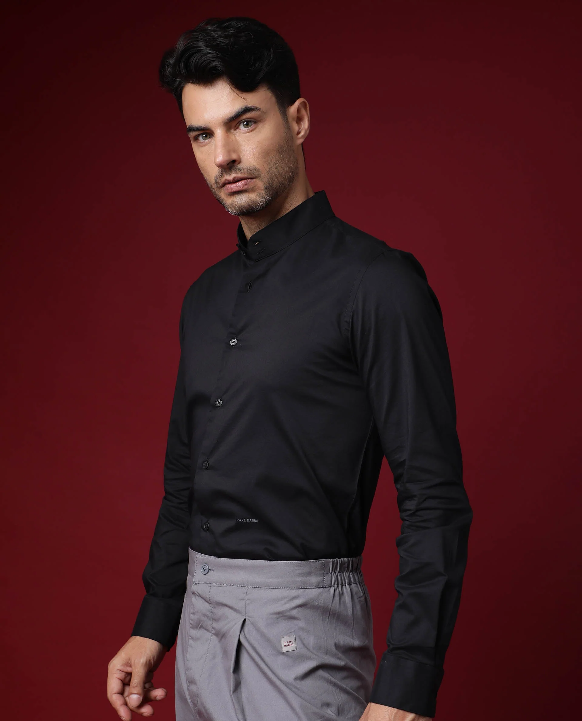 Rare Rabbit Men's Cox Black Polyester Plain Regular Fit Full Sleeve Mandarin Collar Shirt - Image 7