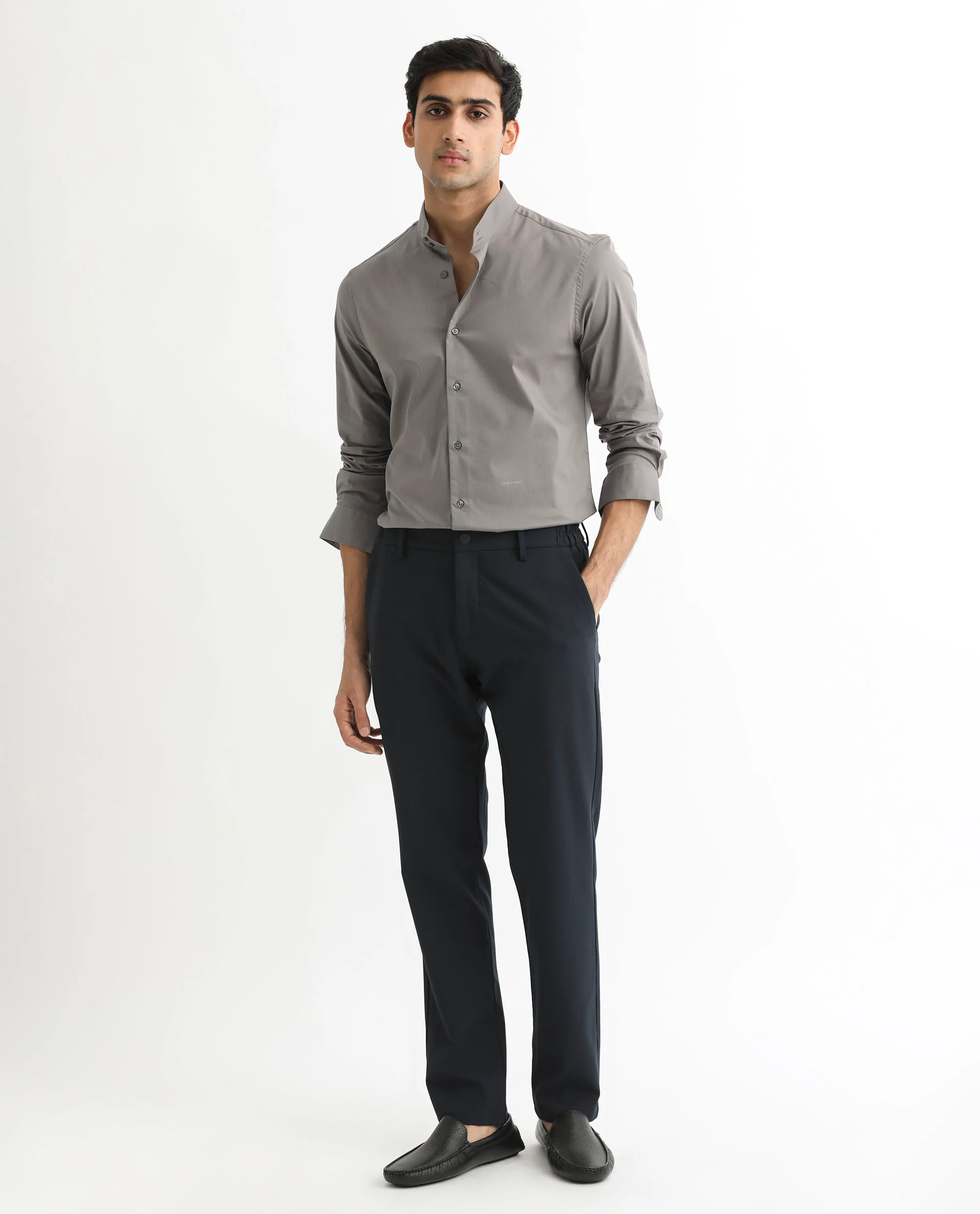 Rare Rabbit Men's Coxx Grey Cotton Plain Regular Fit Full Sleeve Mandarin Collar Shirt - Image 2