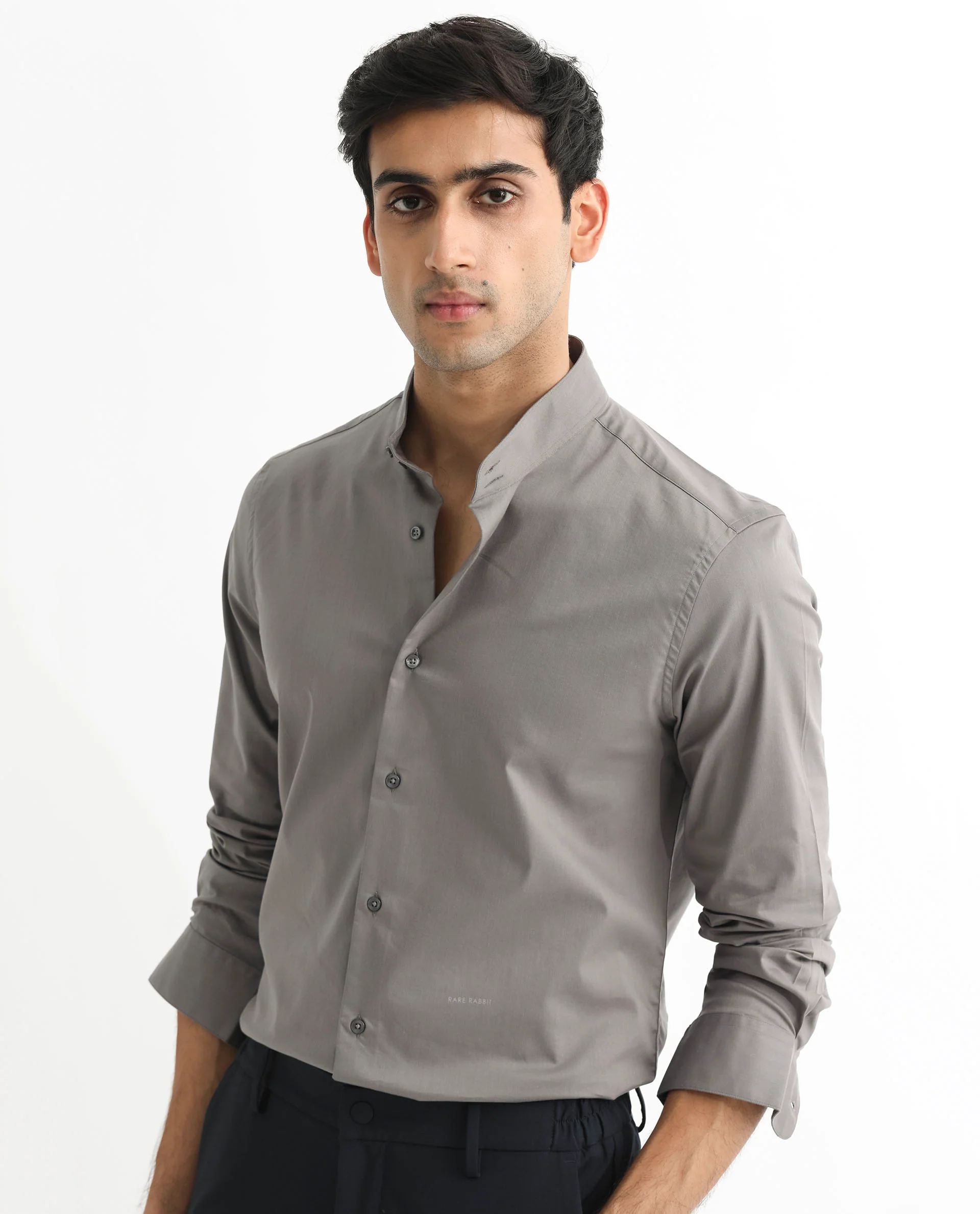 Rare Rabbit Men's Coxx Grey Cotton Plain Regular Fit Full Sleeve Mandarin Collar Shirt - Image 3