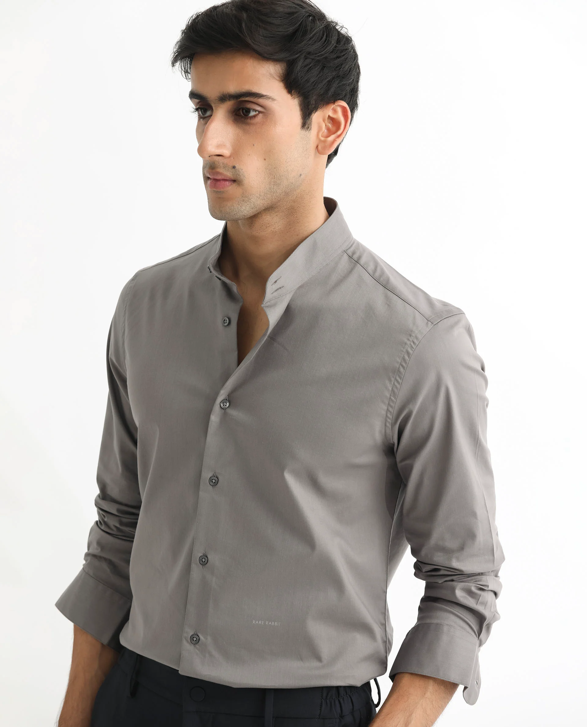 Rare Rabbit Men's Coxx Grey Cotton Plain Regular Fit Full Sleeve Mandarin Collar Shirt - Image 5