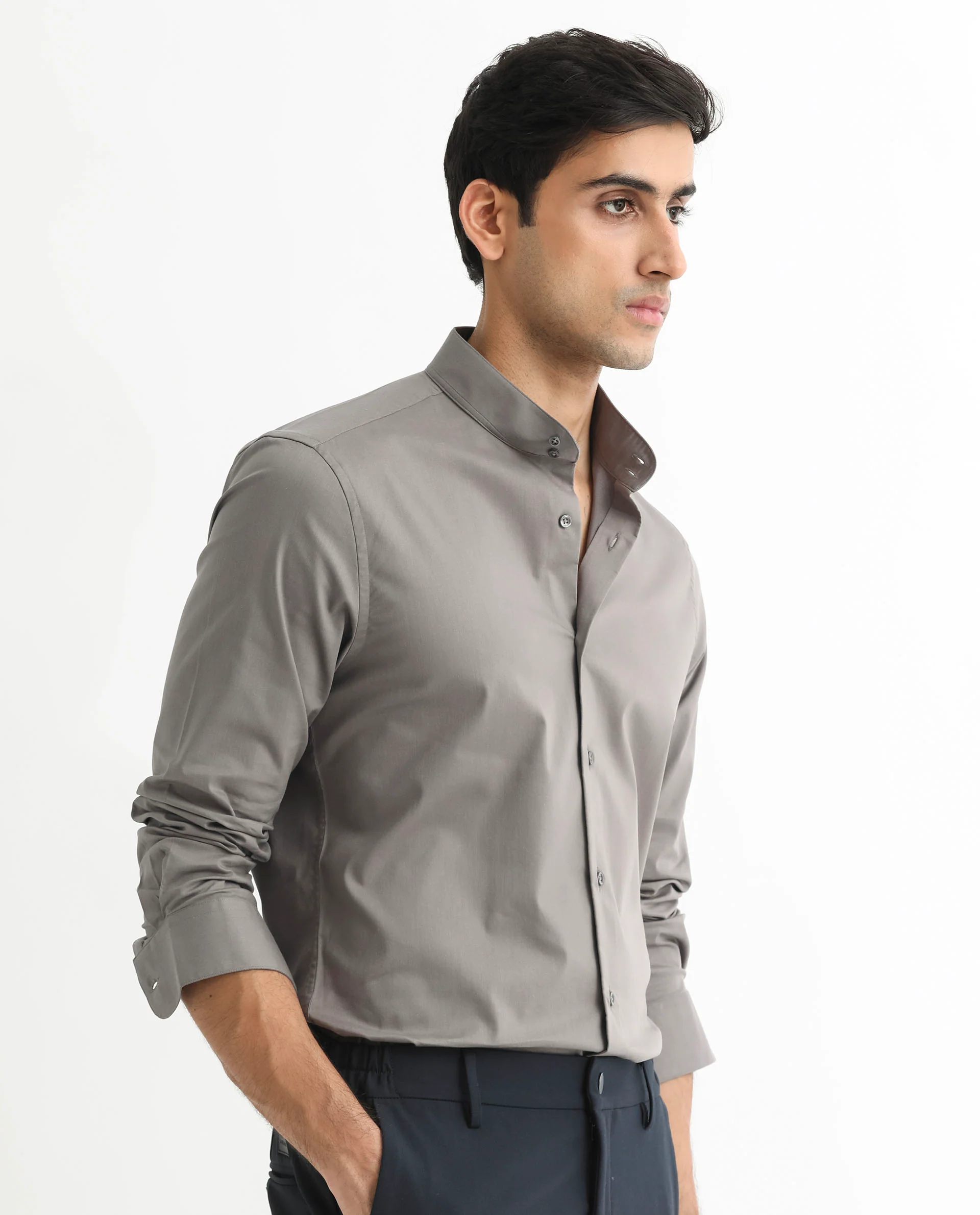 Rare Rabbit Men's Coxx Grey Cotton Plain Regular Fit Full Sleeve Mandarin Collar Shirt - Image 6