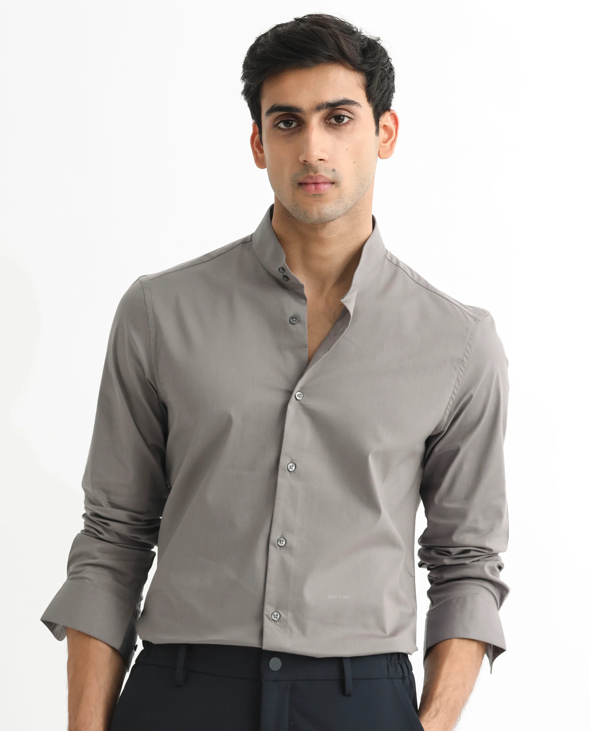 Rare Rabbit Men's Coxx Grey Cotton Plain Regular Fit Full Sleeve Mandarin Collar Shirt - Image 7