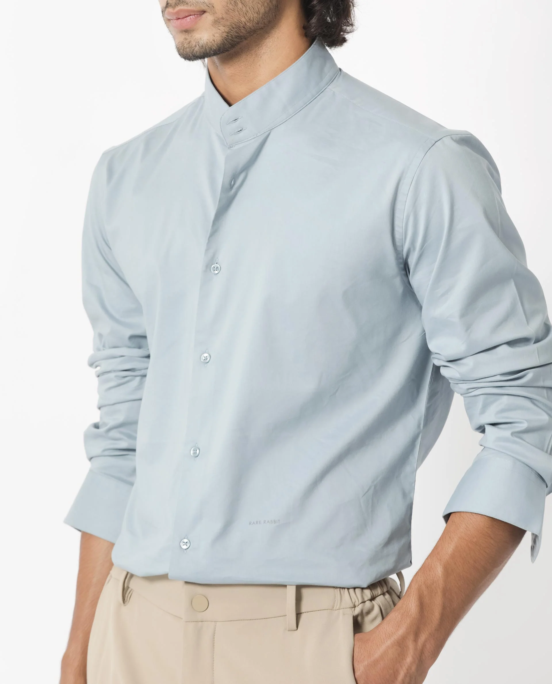 Rare Rabbit Men's Coxx Light Blue Cotton Plain Regular Fit Full Sleeve Mandarin Collar Shirt - Image 4