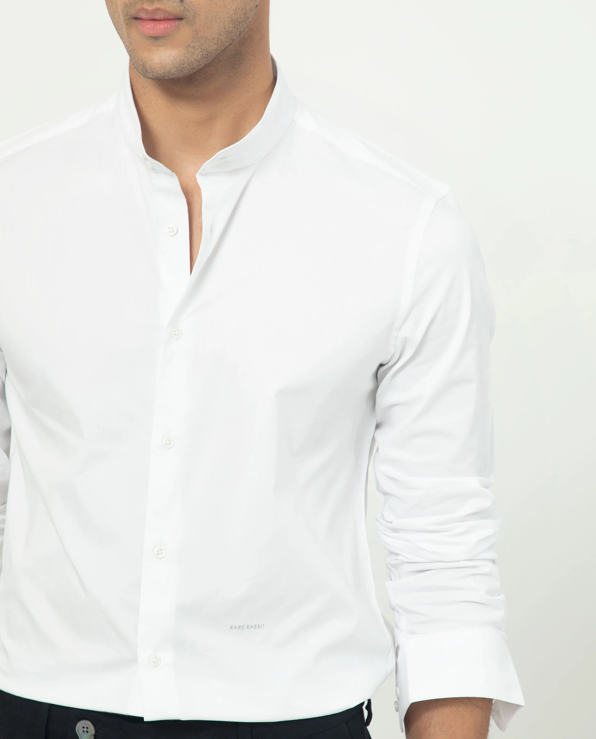 Rare Rabbit Men's Coxx Off White Cotton Plain Regular Fit Full Sleeve Mandarin Collar Shirt - Image 5