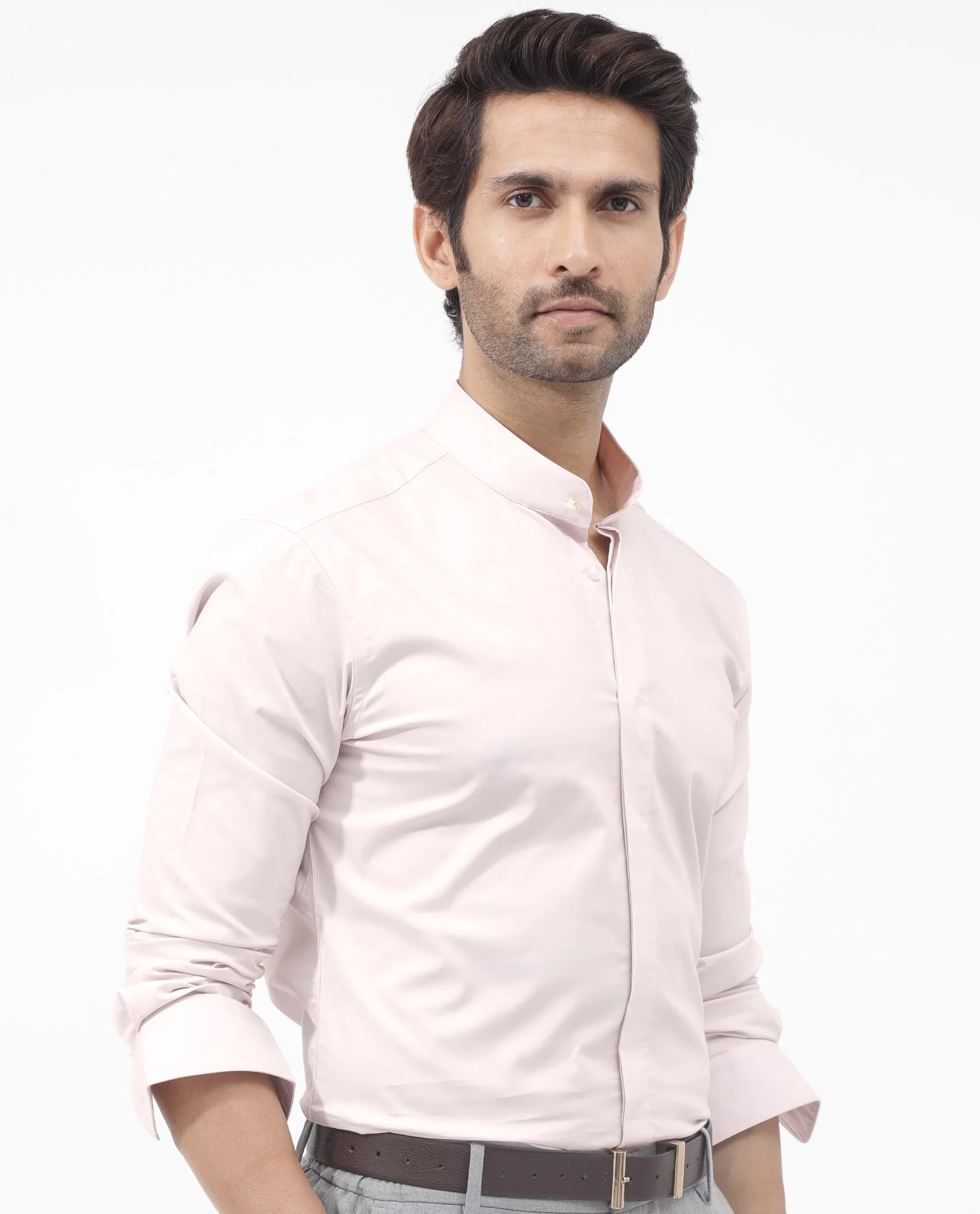 Rare Rabbit Men's Coz Pastel Pink Cotton Blend Plain Regular Fit Full Sleeve Mandarin Collar Shirt - Image 10