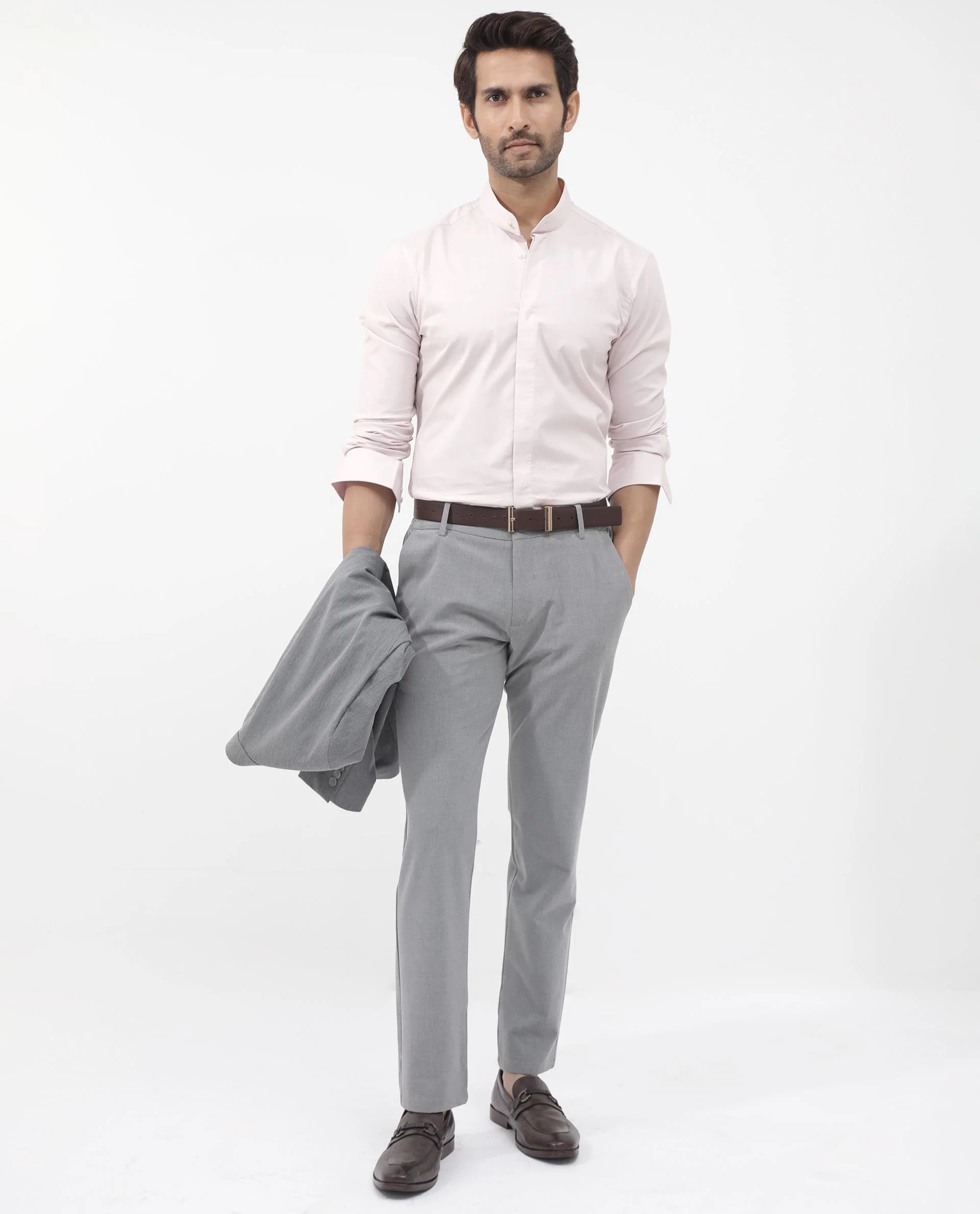 Rare Rabbit Men's Coz Pastel Pink Cotton Blend Plain Regular Fit Full Sleeve Mandarin Collar Shirt - Image 2