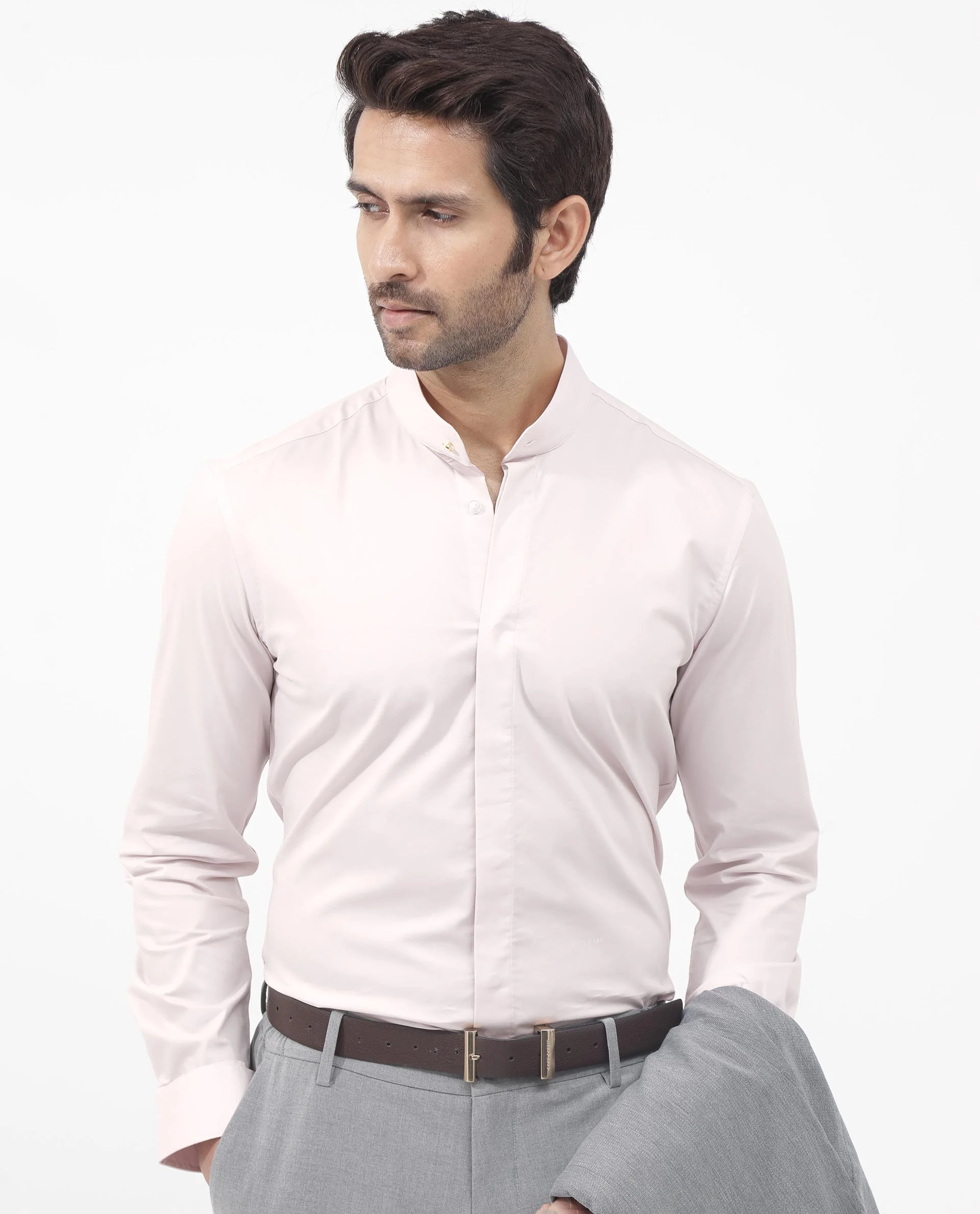 Rare Rabbit Men's Coz Pastel Pink Cotton Blend Plain Regular Fit Full Sleeve Mandarin Collar Shirt - Image 3