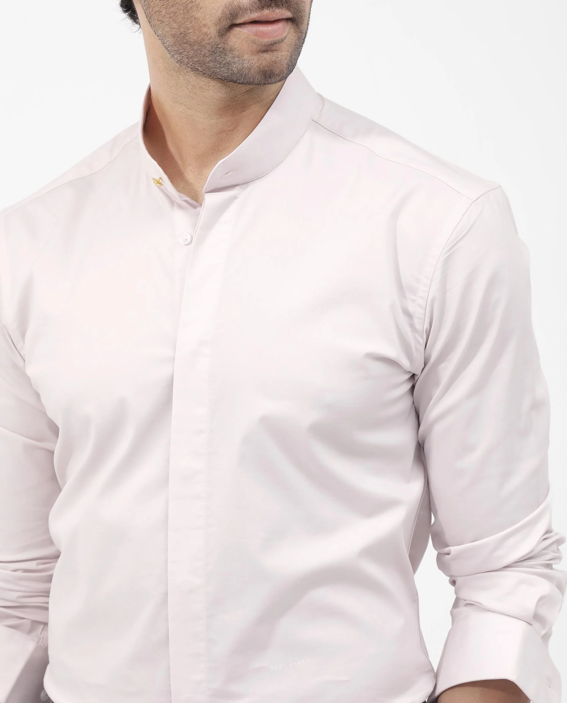 Rare Rabbit Men's Coz Pastel Pink Cotton Blend Plain Regular Fit Full Sleeve Mandarin Collar Shirt - Image 5