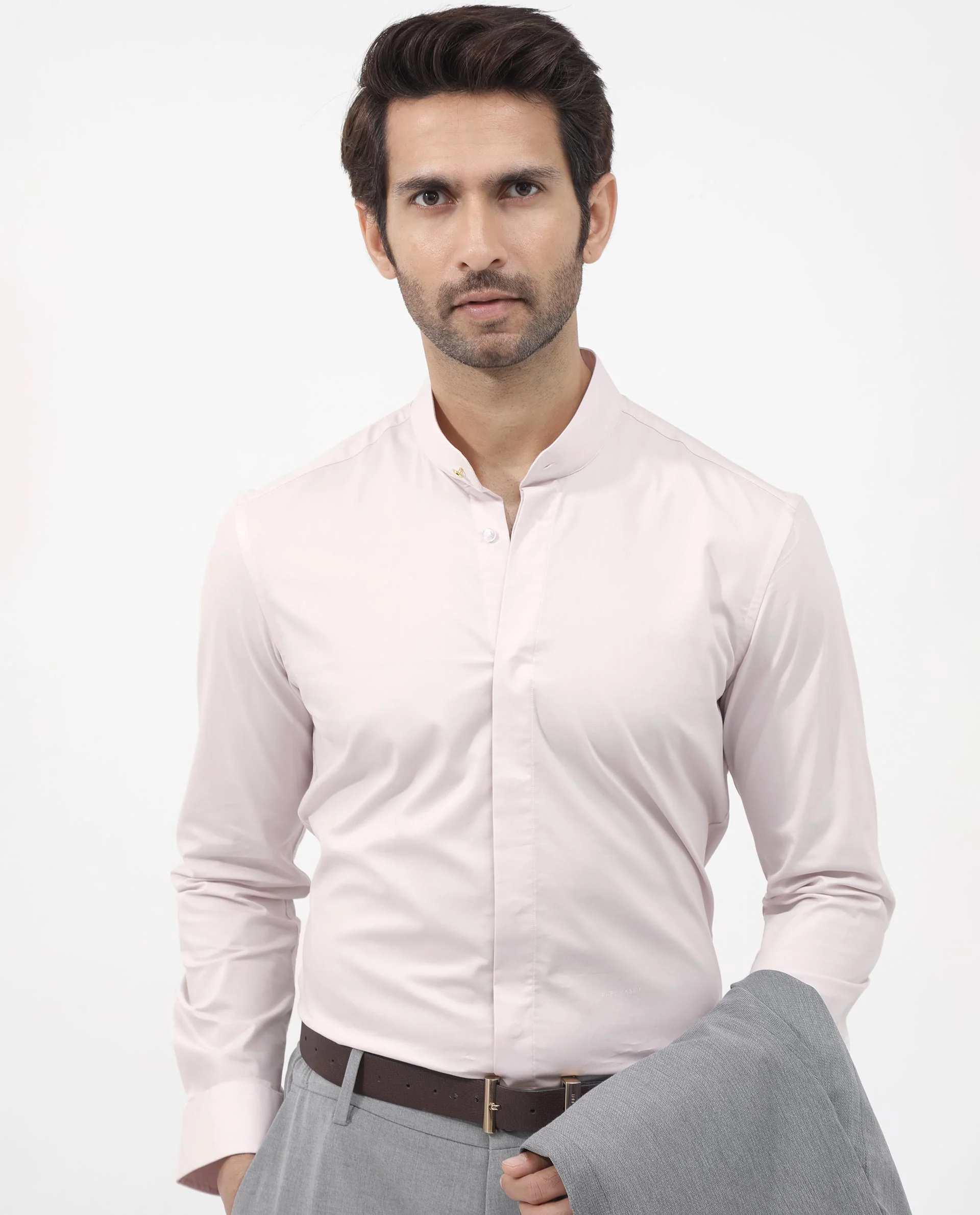 Rare Rabbit Men's Coz Pastel Pink Cotton Blend Plain Regular Fit Full Sleeve Mandarin Collar Shirt - Image 7