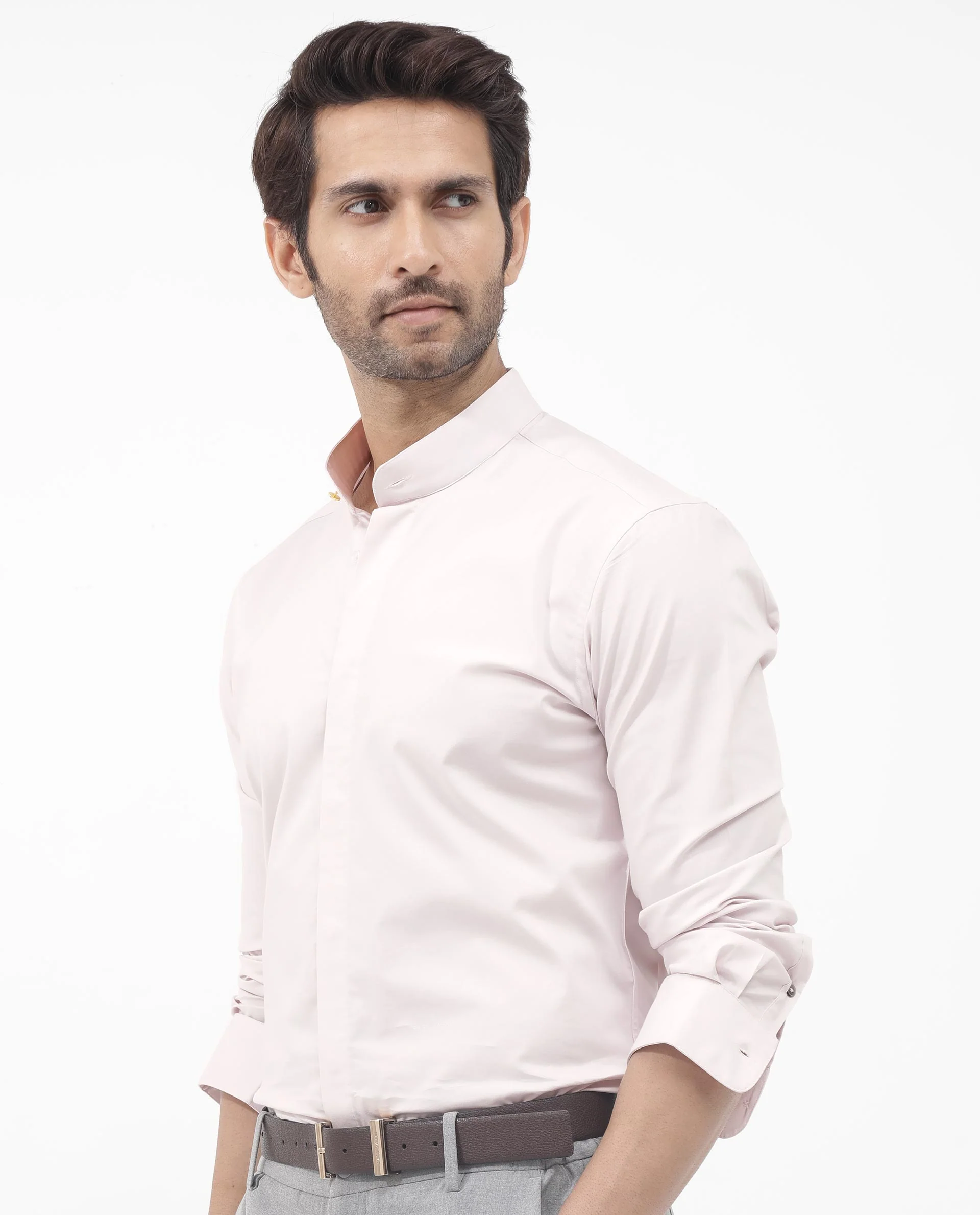 Rare Rabbit Men's Coz Pastel Pink Cotton Blend Plain Regular Fit Full Sleeve Mandarin Collar Shirt - Image 9