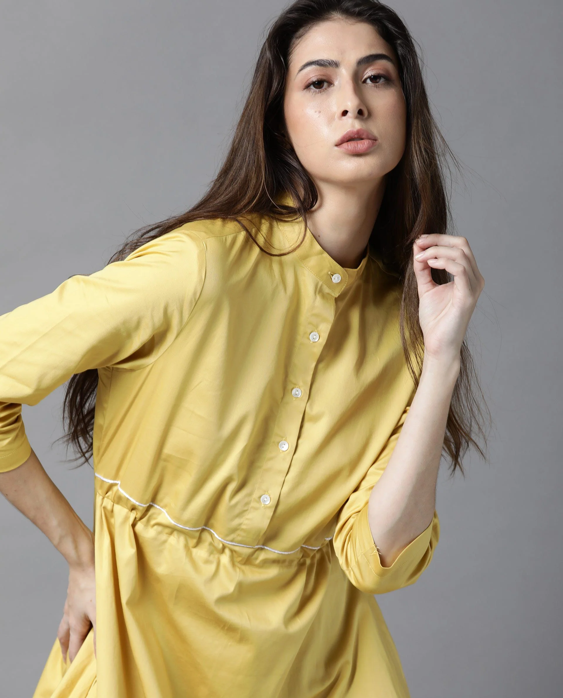Rareism Women Crab Yellow Dress Short Sleeves Solid