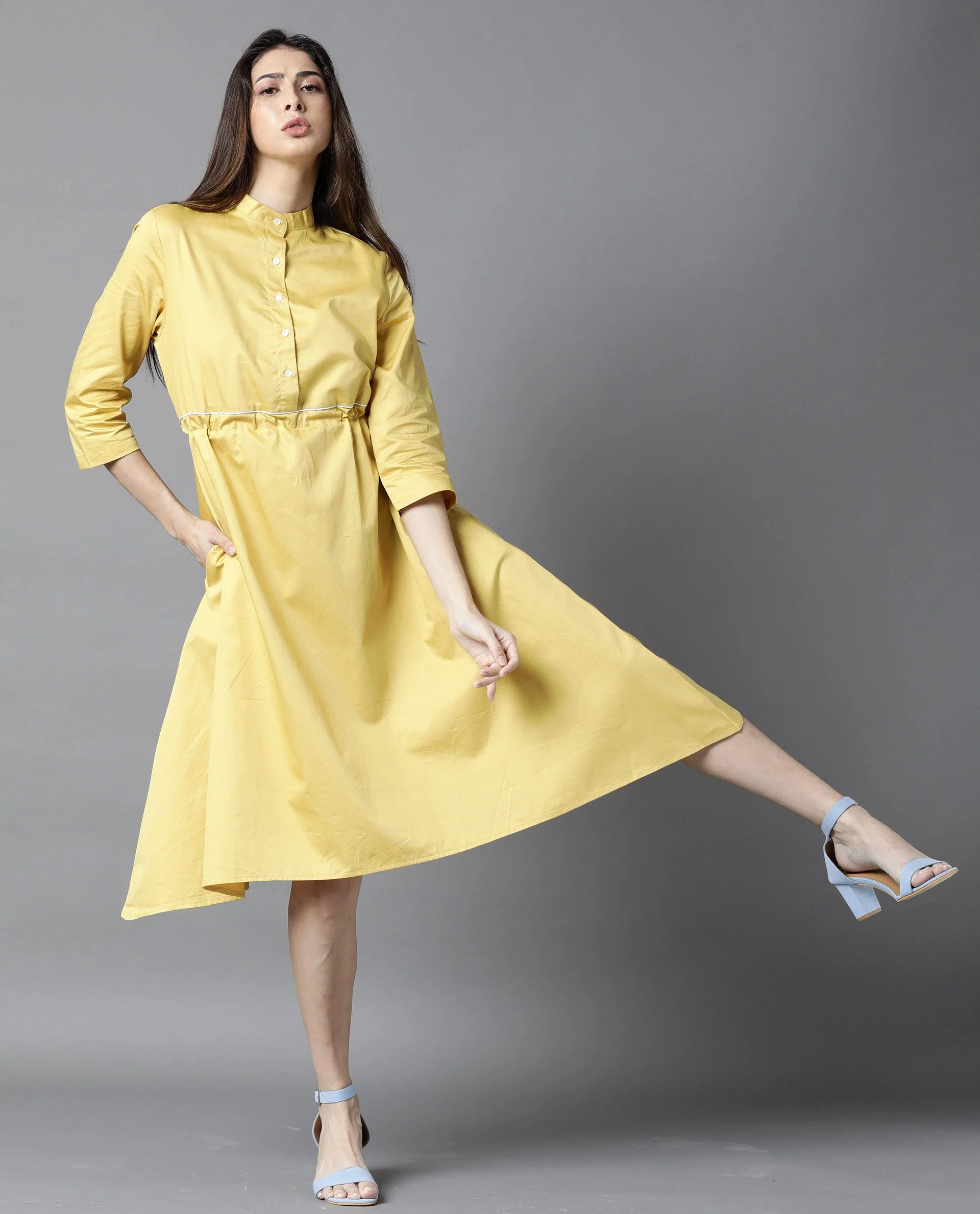 Rareism Women Crab Yellow Dress Short Sleeves Solid - Image 2