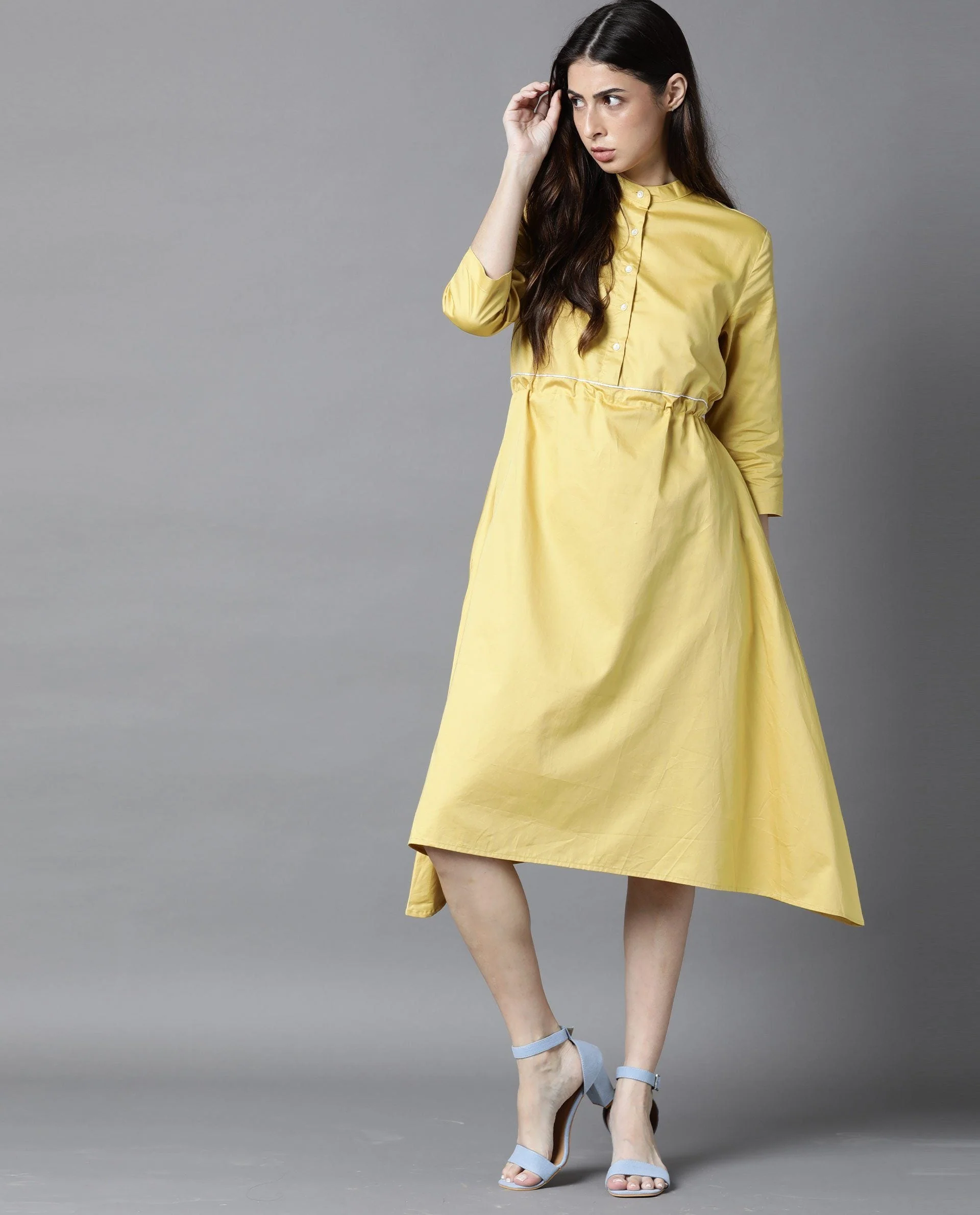 Rareism Women Crab Yellow Dress Short Sleeves Solid - Image 4