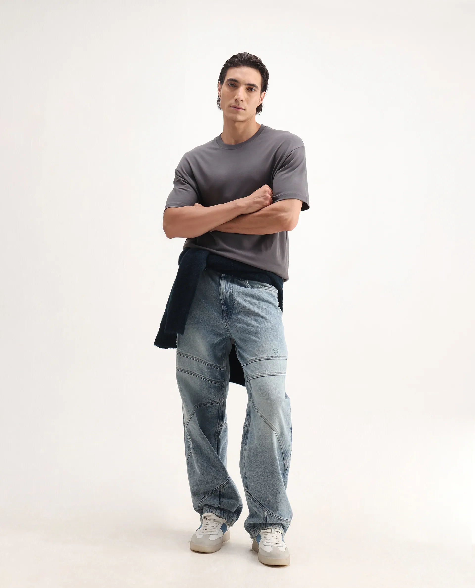 Rare Rabbit Men's Craft Dark Grey Cotton Blend Embroidered Oversized Fit Half Sleeve Crew Neck T-Shirt - Image 2