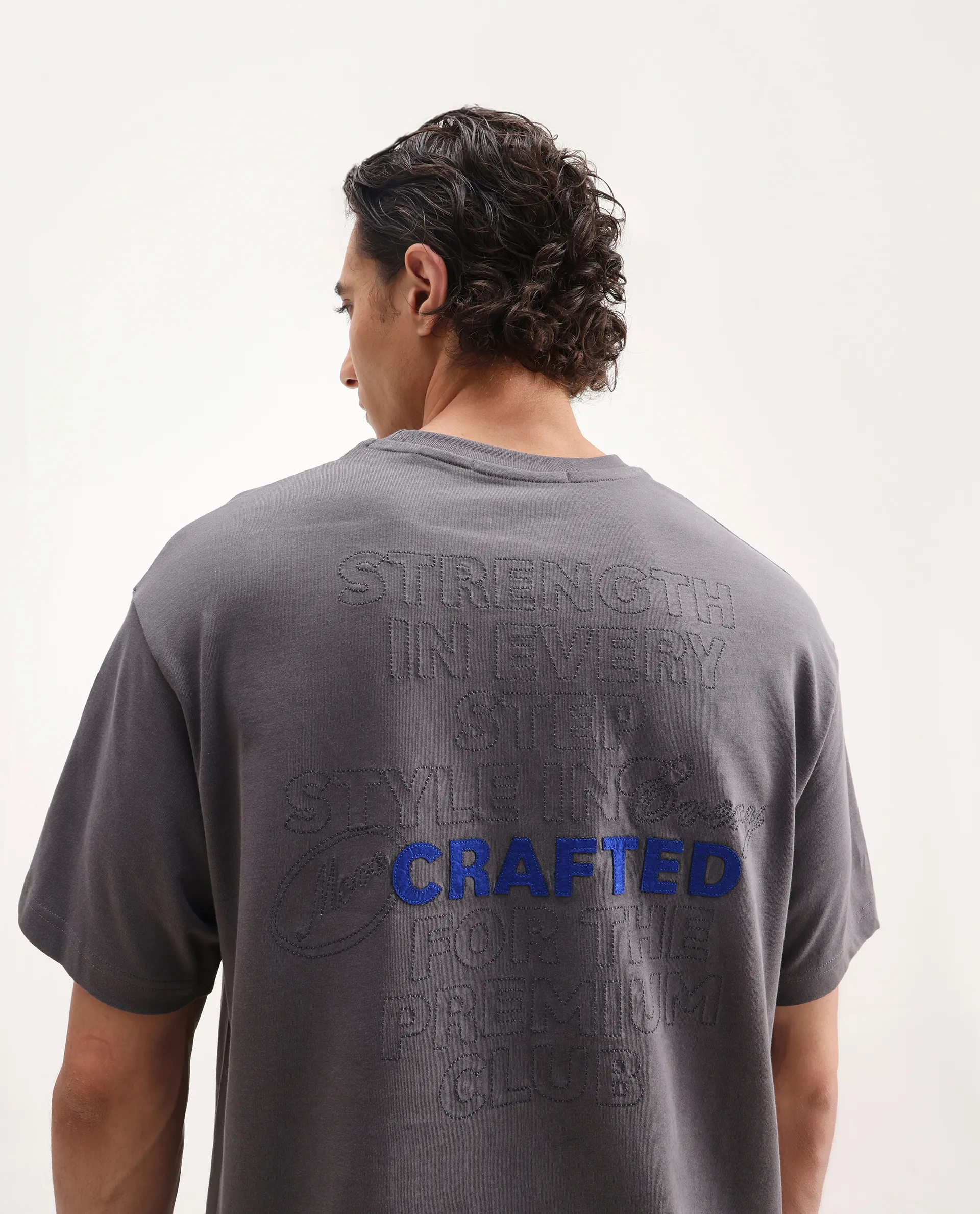 Rare Rabbit Men's Craft Dark Grey Cotton Blend Embroidered Oversized Fit Half Sleeve Crew Neck T-Shirt - Image 3