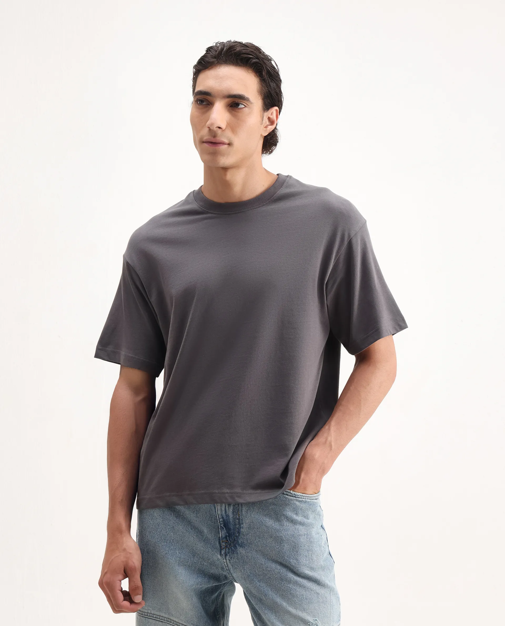 Rare Rabbit Men's Craft Dark Grey Cotton Blend Embroidered Oversized Fit Half Sleeve Crew Neck T-Shirt - Image 4
