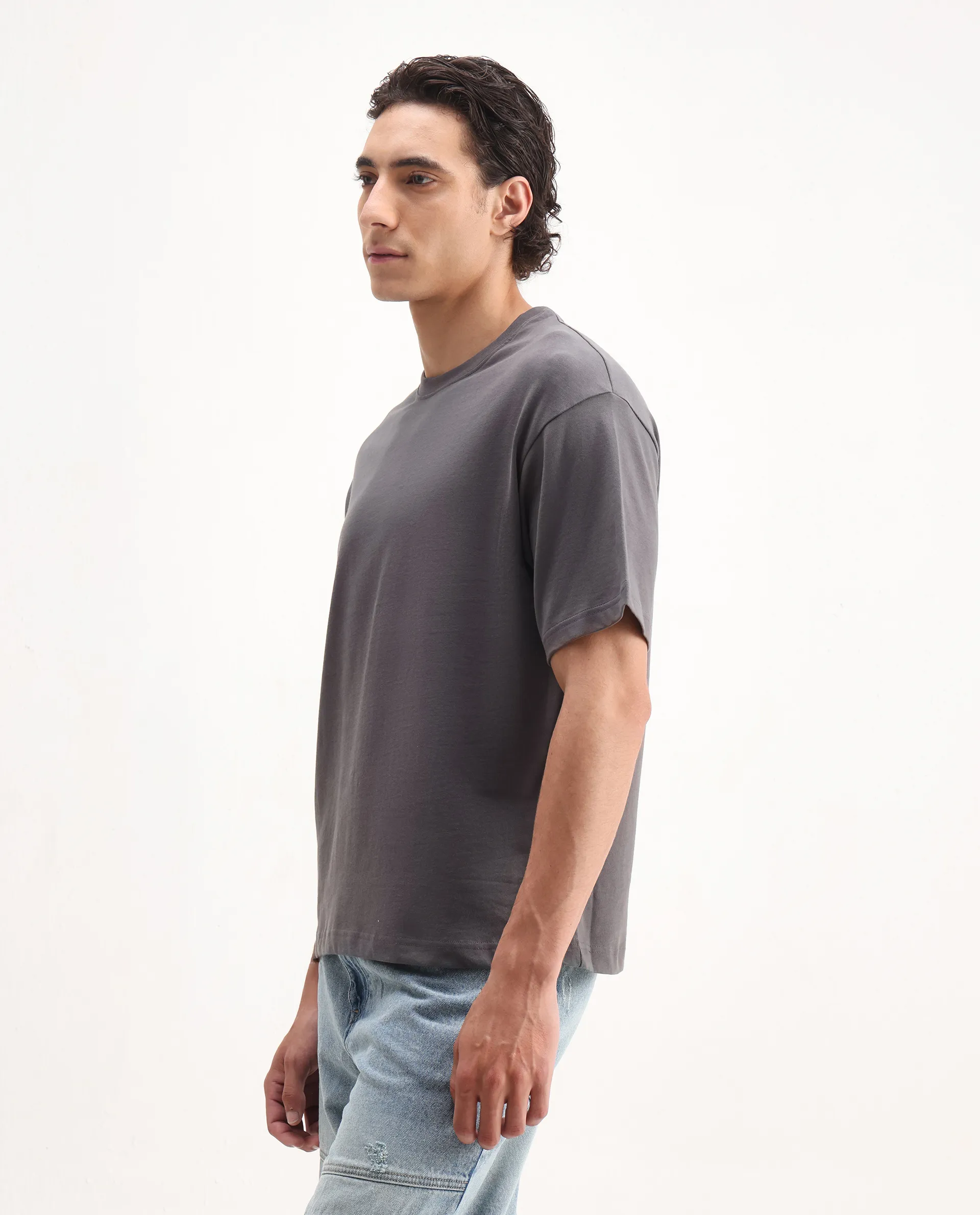 Rare Rabbit Men's Craft Dark Grey Cotton Blend Embroidered Oversized Fit Half Sleeve Crew Neck T-Shirt - Image 5