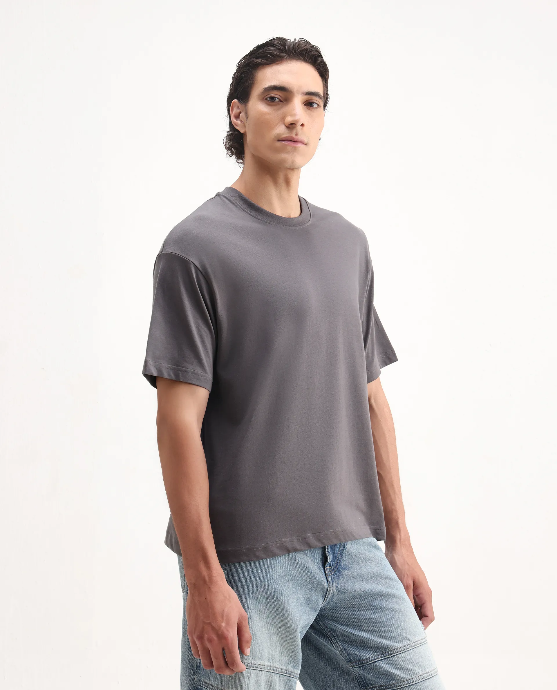 Rare Rabbit Men's Craft Dark Grey Cotton Blend Embroidered Oversized Fit Half Sleeve Crew Neck T-Shirt - Image 6
