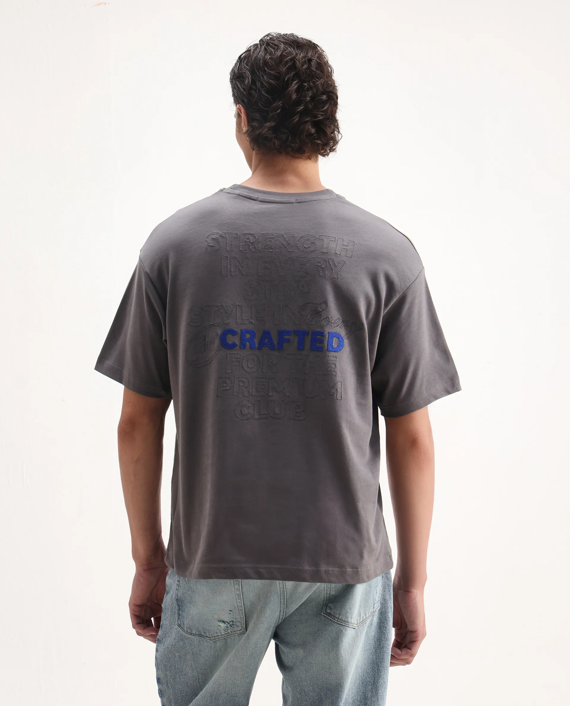 Rare Rabbit Men's Craft Dark Grey Cotton Blend Embroidered Oversized Fit Half Sleeve Crew Neck T-Shirt - Image 7