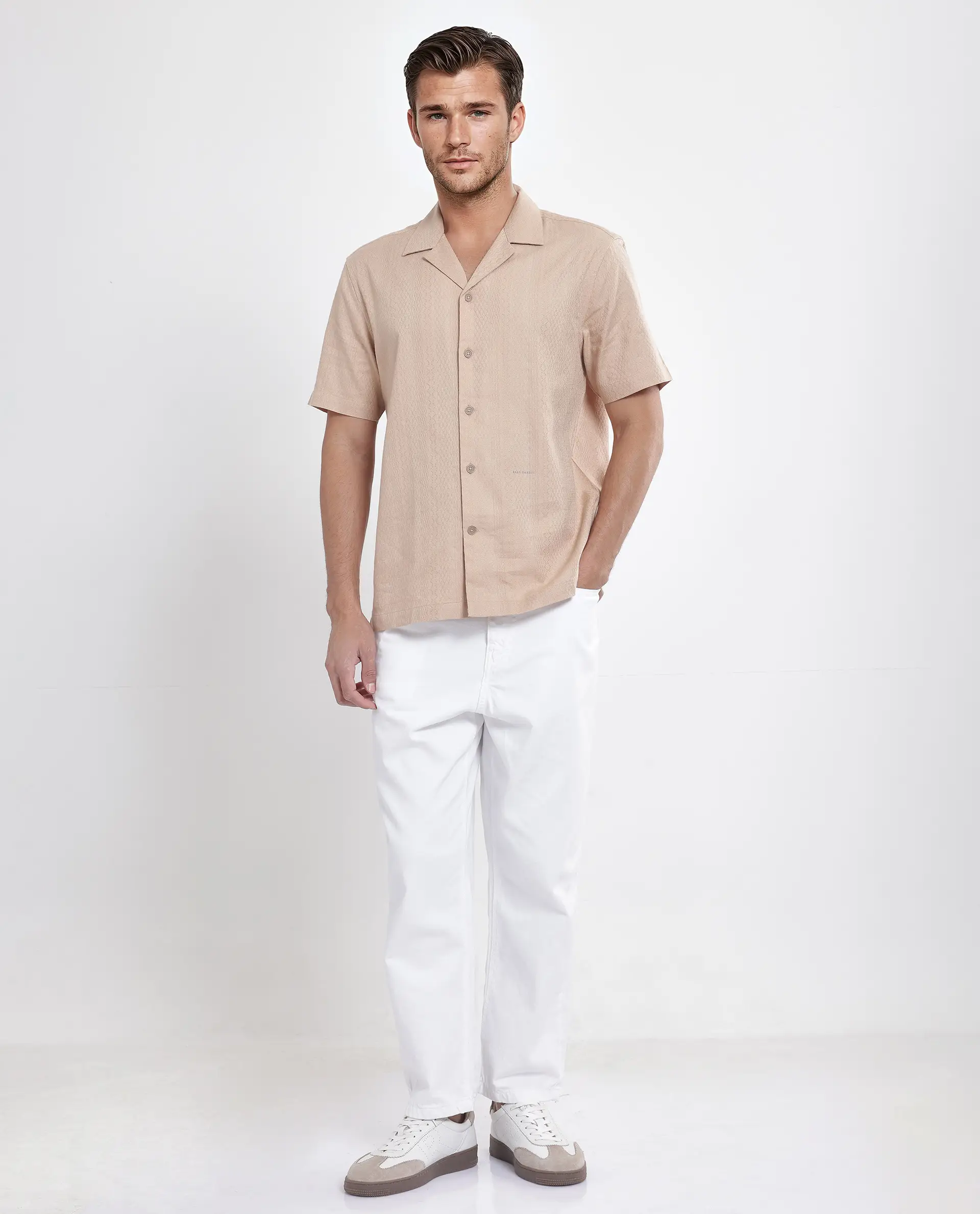 Rare Rabbit Men's Craggy Dusky Beige Cotton Striped Print Boxy Fit Half Sleeve Cuban Collar Shirt - Image 2