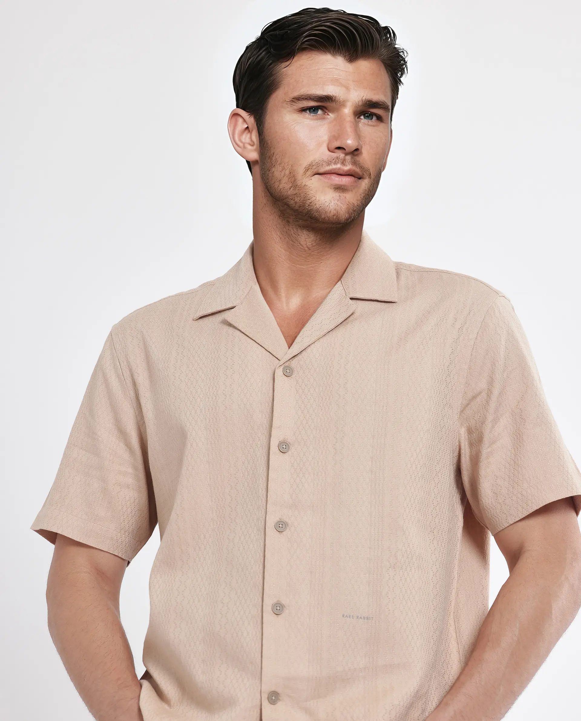 Rare Rabbit Men's Craggy Dusky Beige Cotton Striped Print Boxy Fit Half Sleeve Cuban Collar Shirt - Image 3