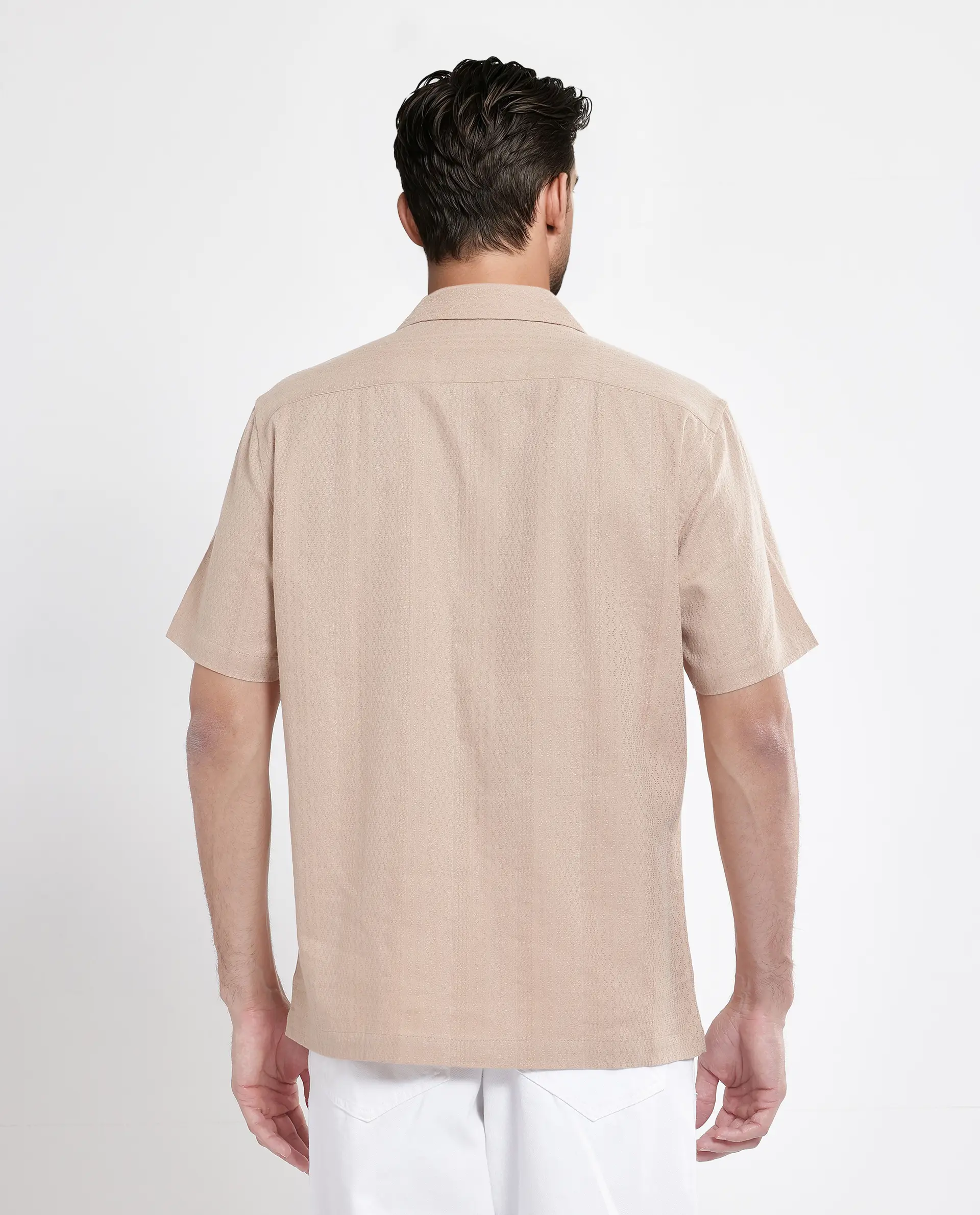 Rare Rabbit Men's Craggy Dusky Beige Cotton Striped Print Boxy Fit Half Sleeve Cuban Collar Shirt - Image 5
