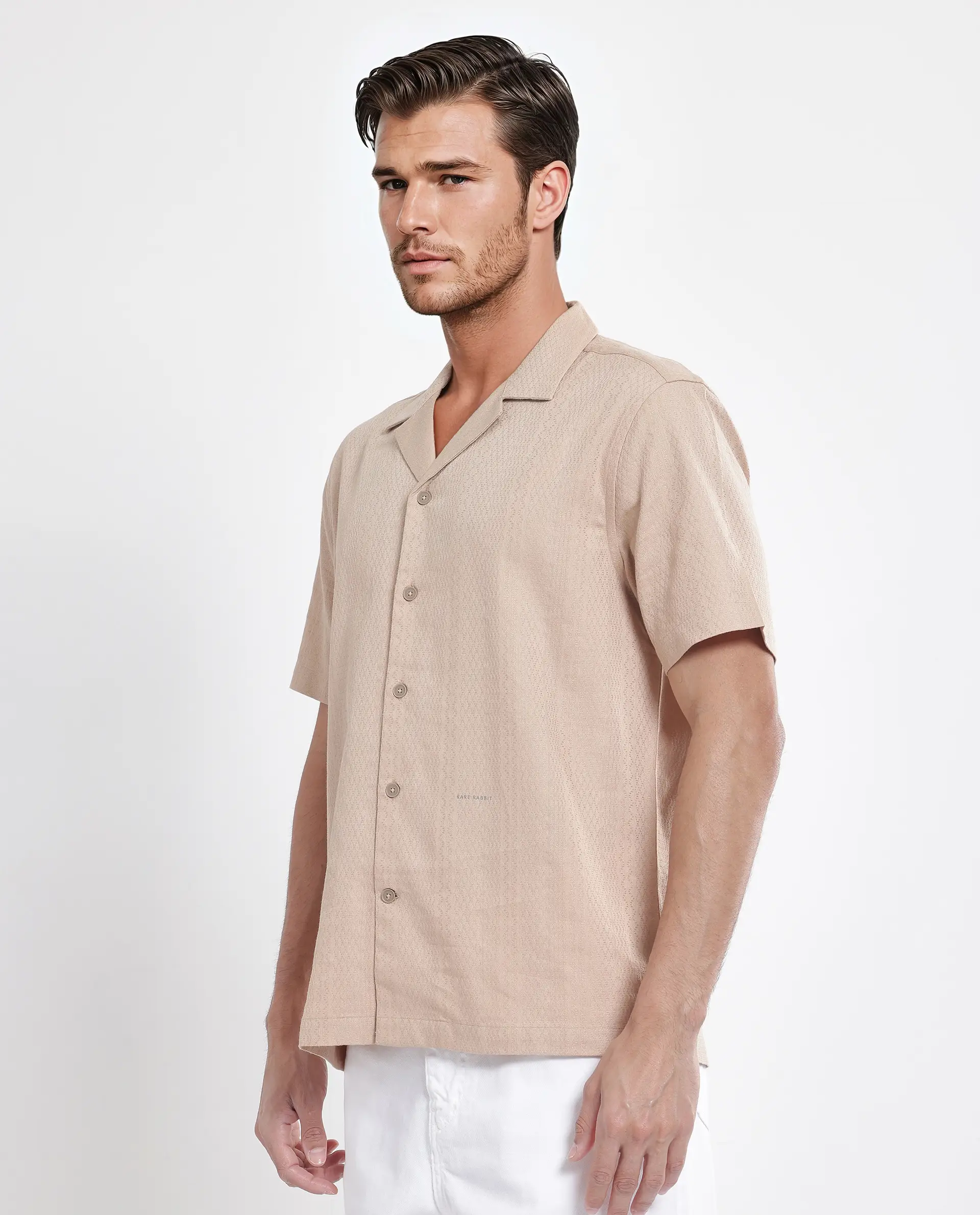Rare Rabbit Men's Craggy Dusky Beige Cotton Striped Print Boxy Fit Half Sleeve Cuban Collar Shirt - Image 6