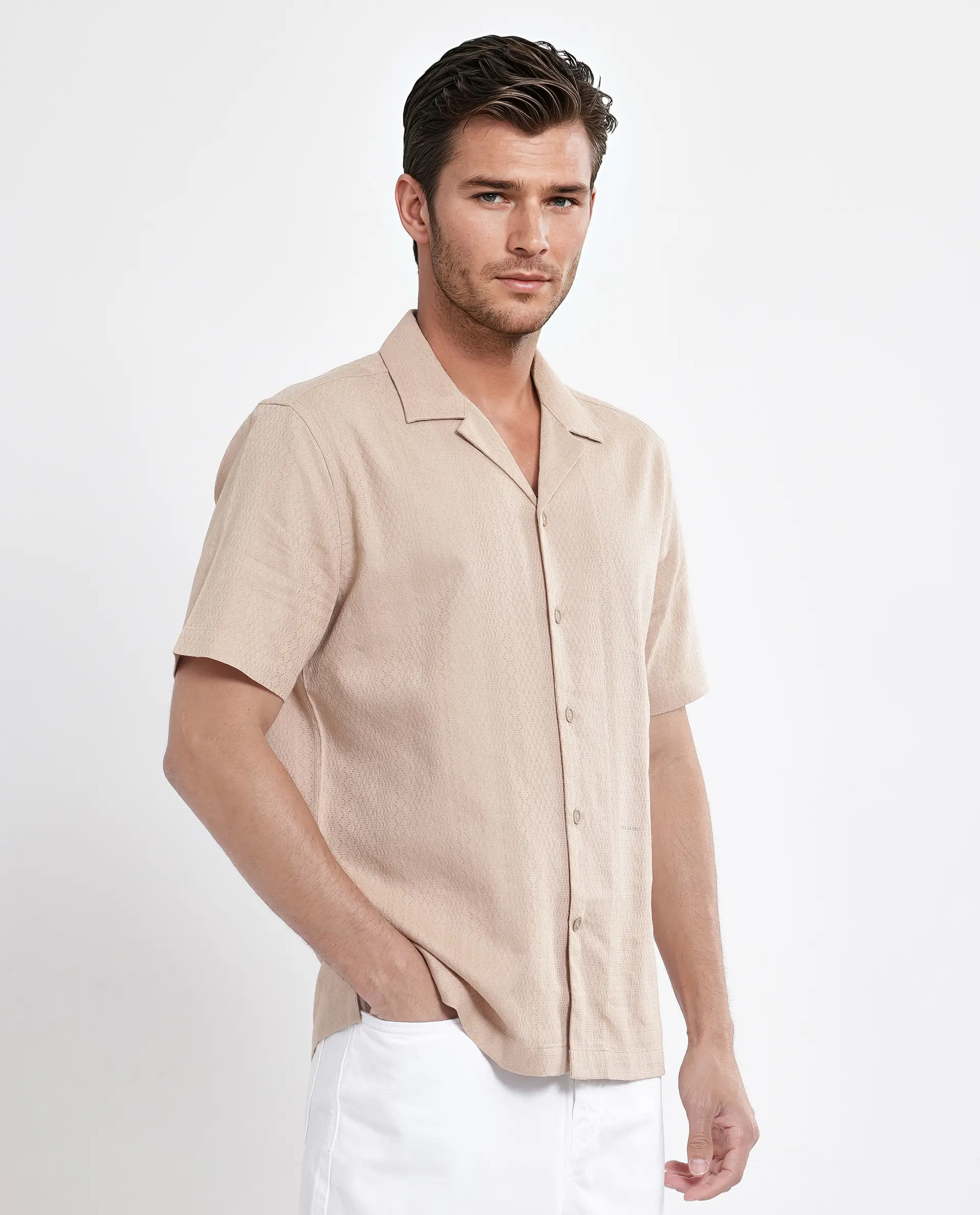 Rare Rabbit Men's Craggy Dusky Beige Cotton Striped Print Boxy Fit Half Sleeve Cuban Collar Shirt - Image 7