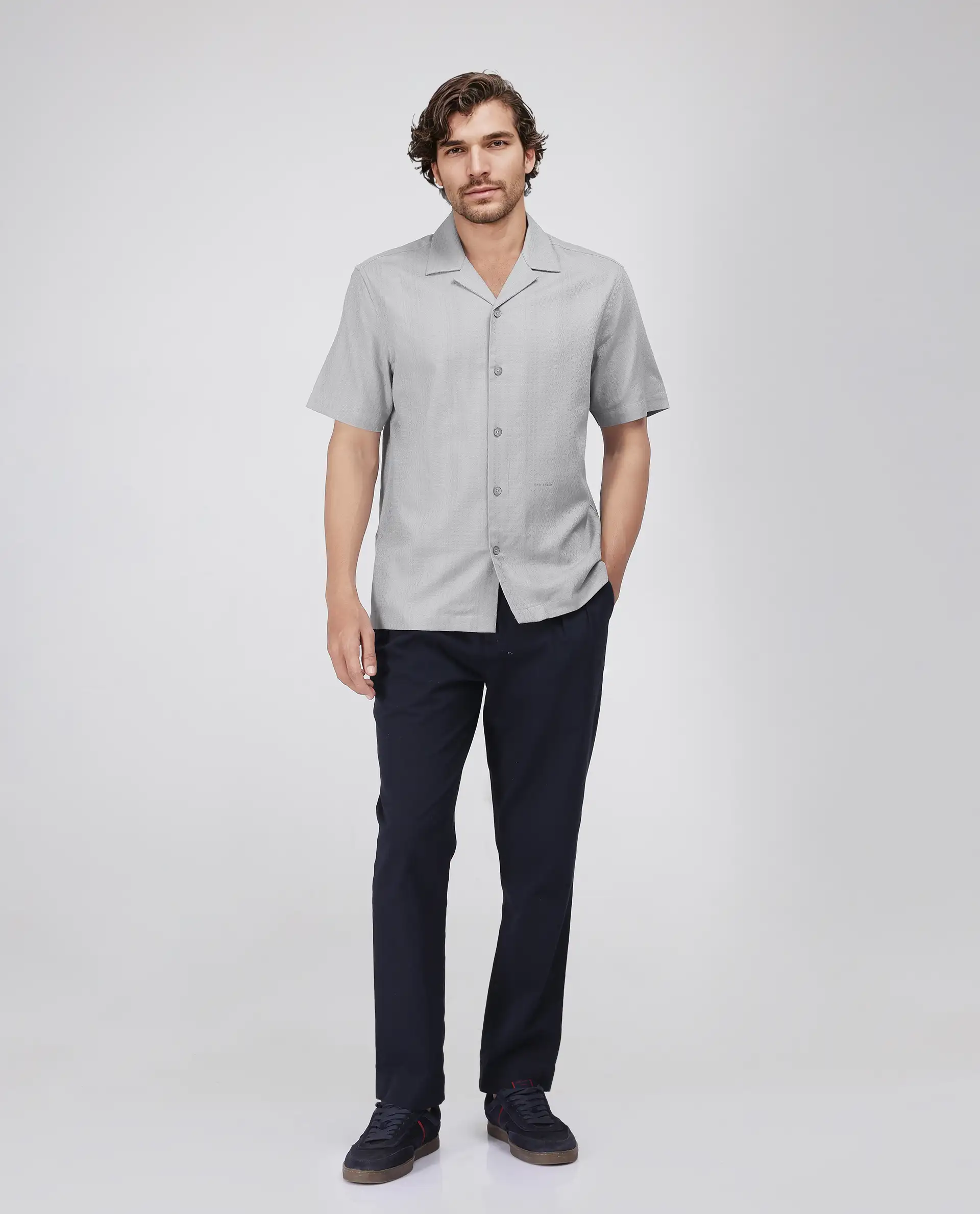 Rare Rabbit Men's Craggy Light Grey Cotton Striped Print Boxy Fit Half Sleeve Cuban Collar Shirt - Image 2