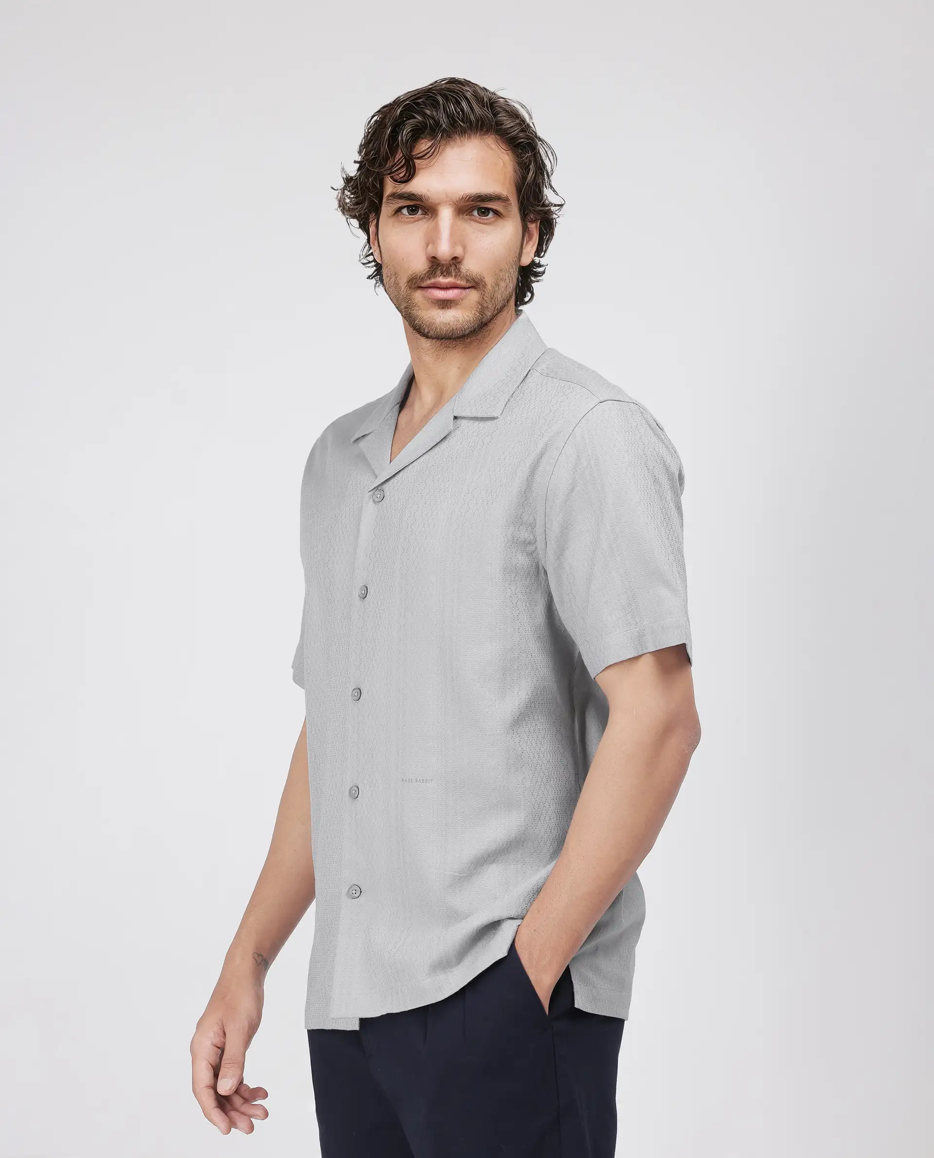 Rare Rabbit Men's Craggy Light Grey Cotton Striped Print Boxy Fit Half Sleeve Cuban Collar Shirt - Image 3