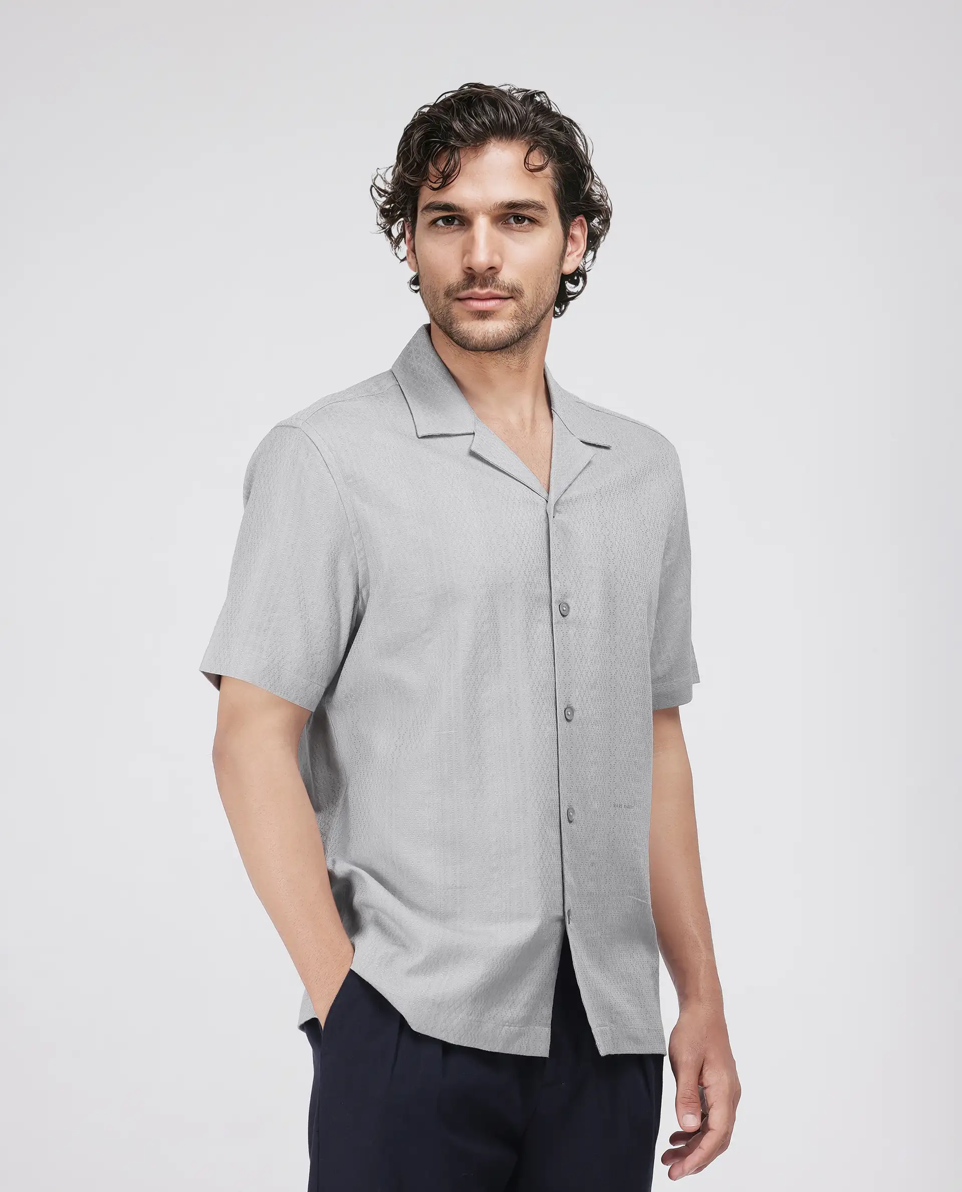 Rare Rabbit Men's Craggy Light Grey Cotton Striped Print Boxy Fit Half Sleeve Cuban Collar Shirt - Image 4