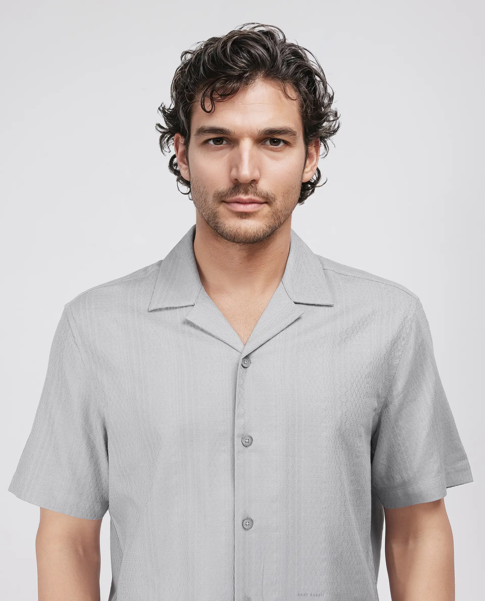 Rare Rabbit Men's Craggy Light Grey Cotton Striped Print Boxy Fit Half Sleeve Cuban Collar Shirt - Image 5