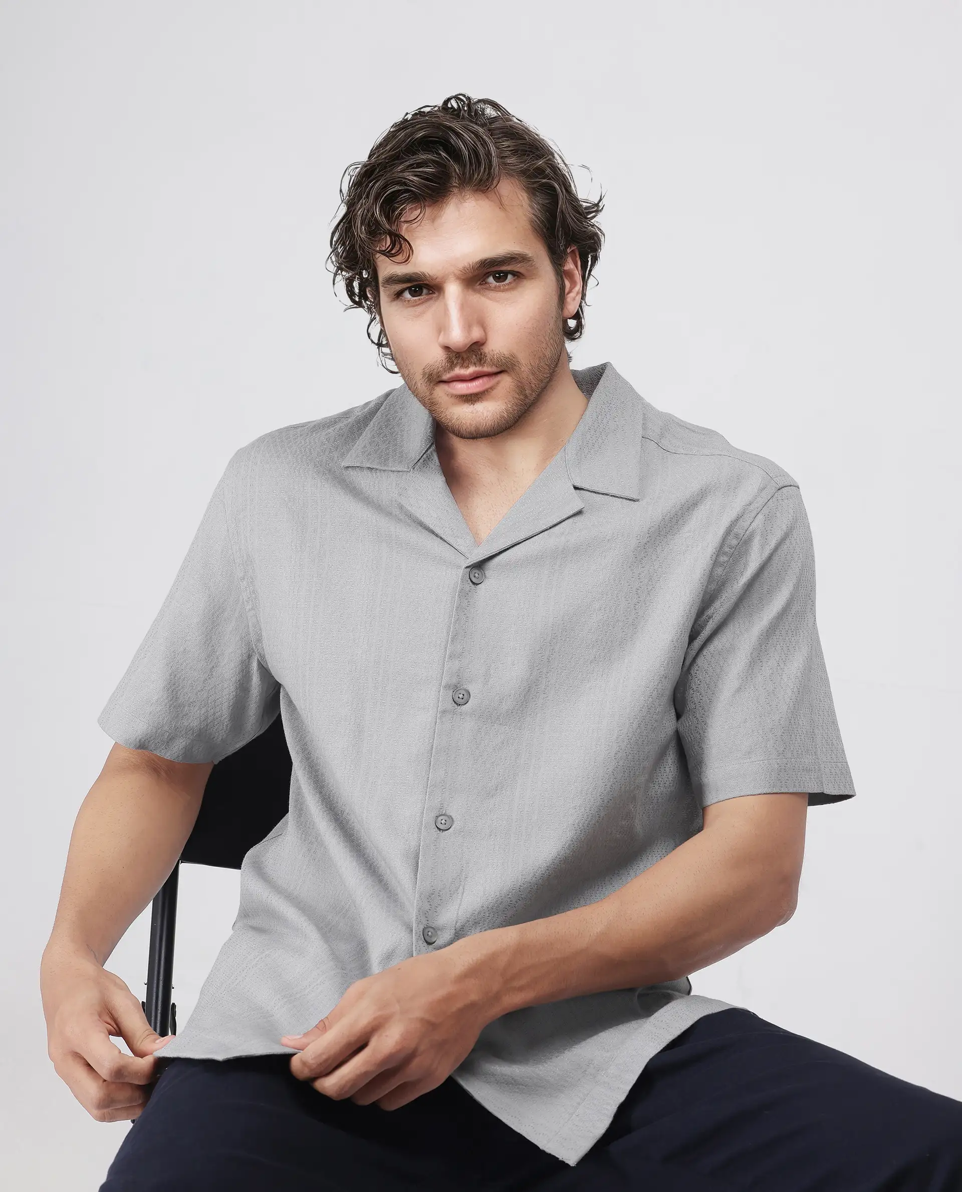 Rare Rabbit Men's Craggy Light Grey Cotton Striped Print Boxy Fit Half Sleeve Cuban Collar Shirt - Image 7