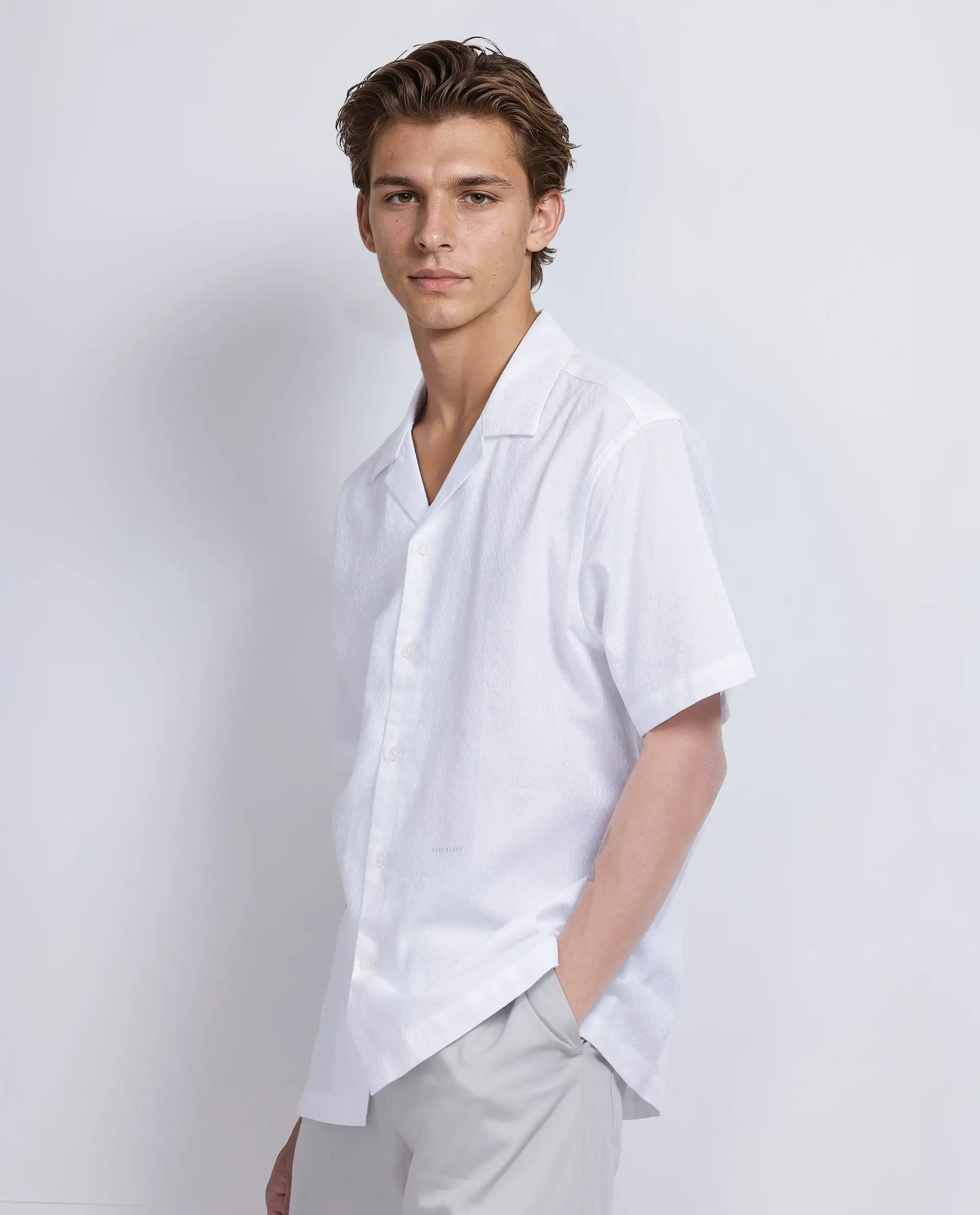 Rare Rabbit Men's Craggy White Cotton Striped Print Boxy Fit Half Sleeve Cuban Collar Shirt - Image 6