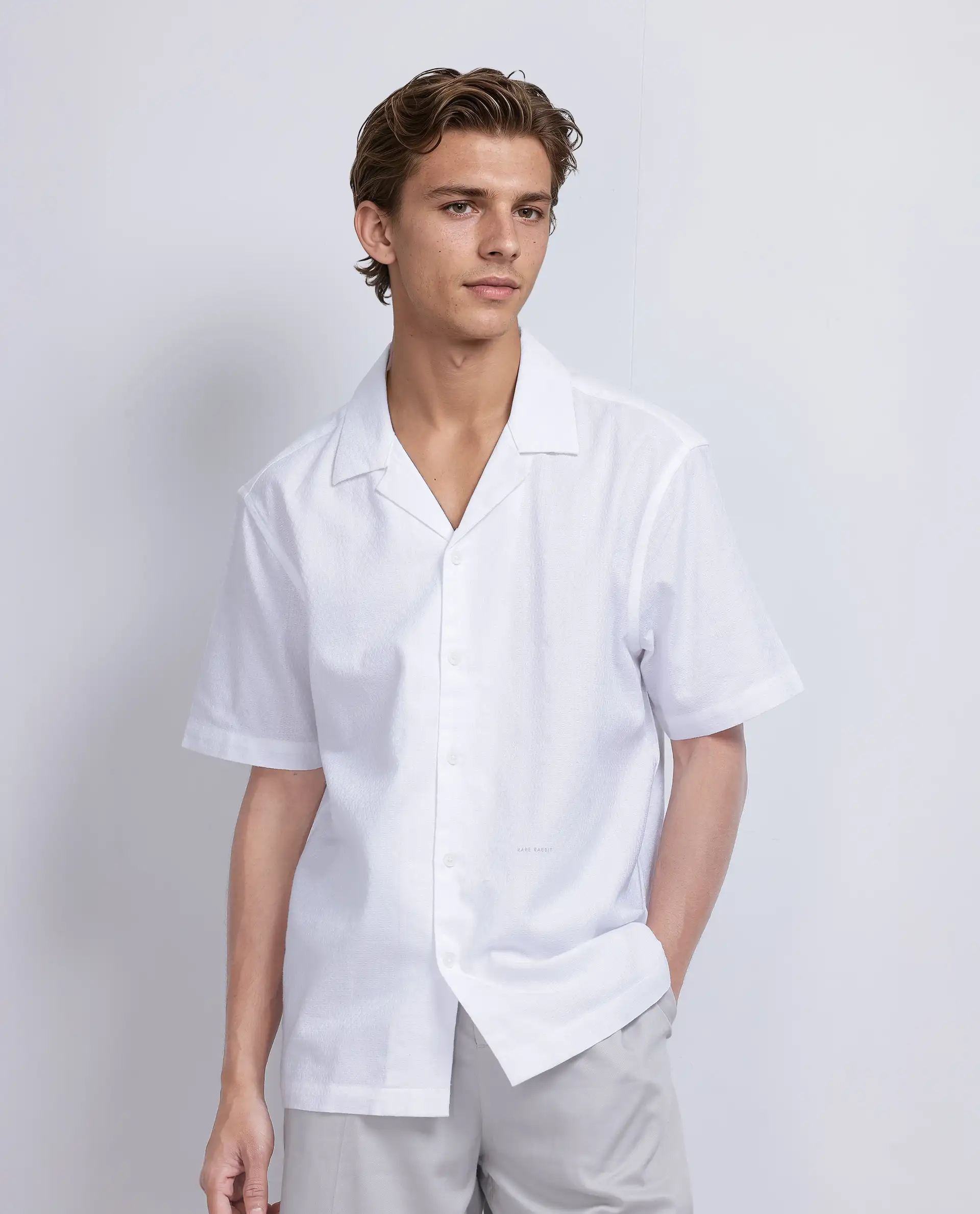 Rare Rabbit Men's Craggy White Cotton Striped Print Boxy Fit Half Sleeve Cuban Collar Shirt - Image 8
