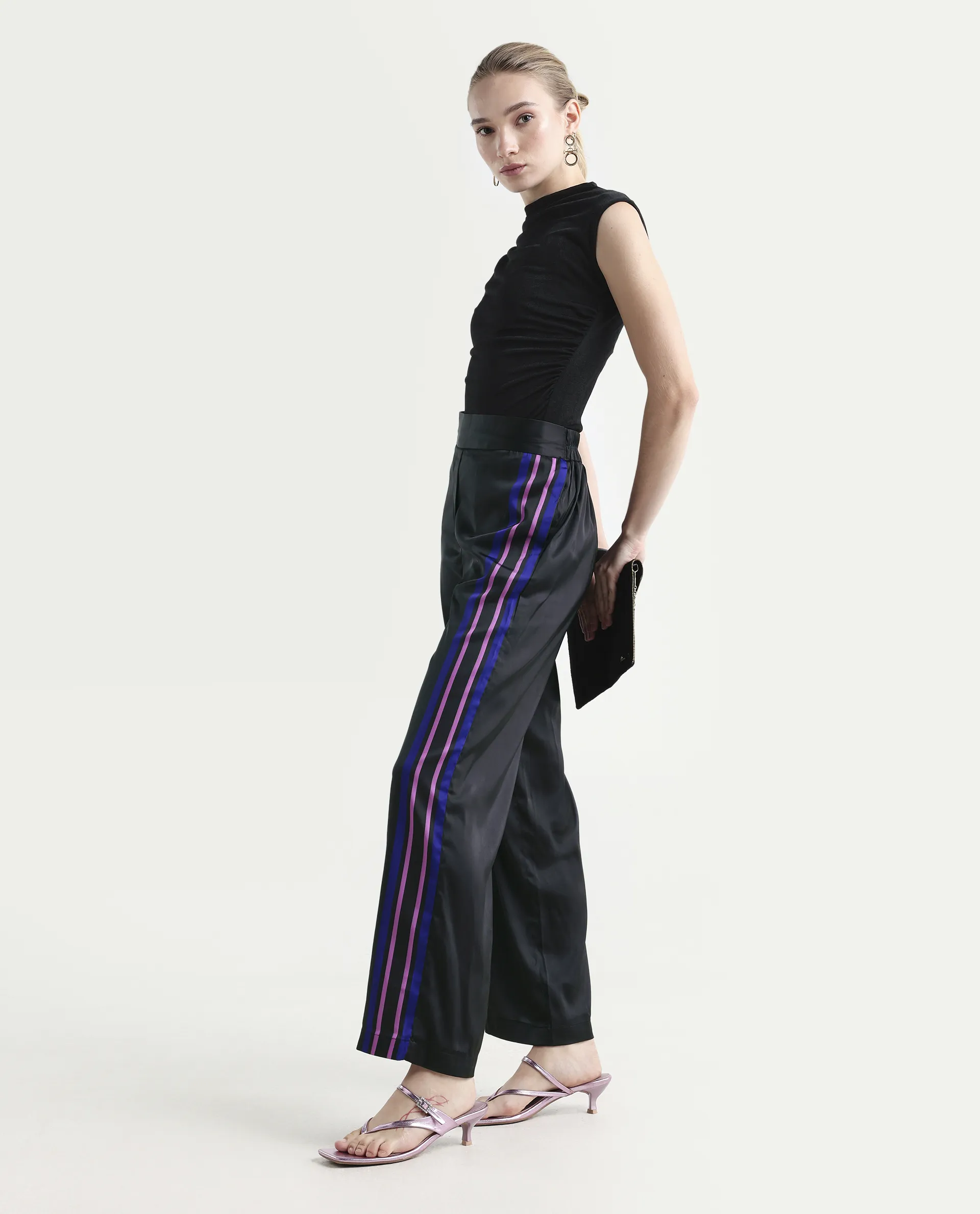 Rareism Women's Craig Black Polyester Striped Ankle Length Regular Fit Trouser