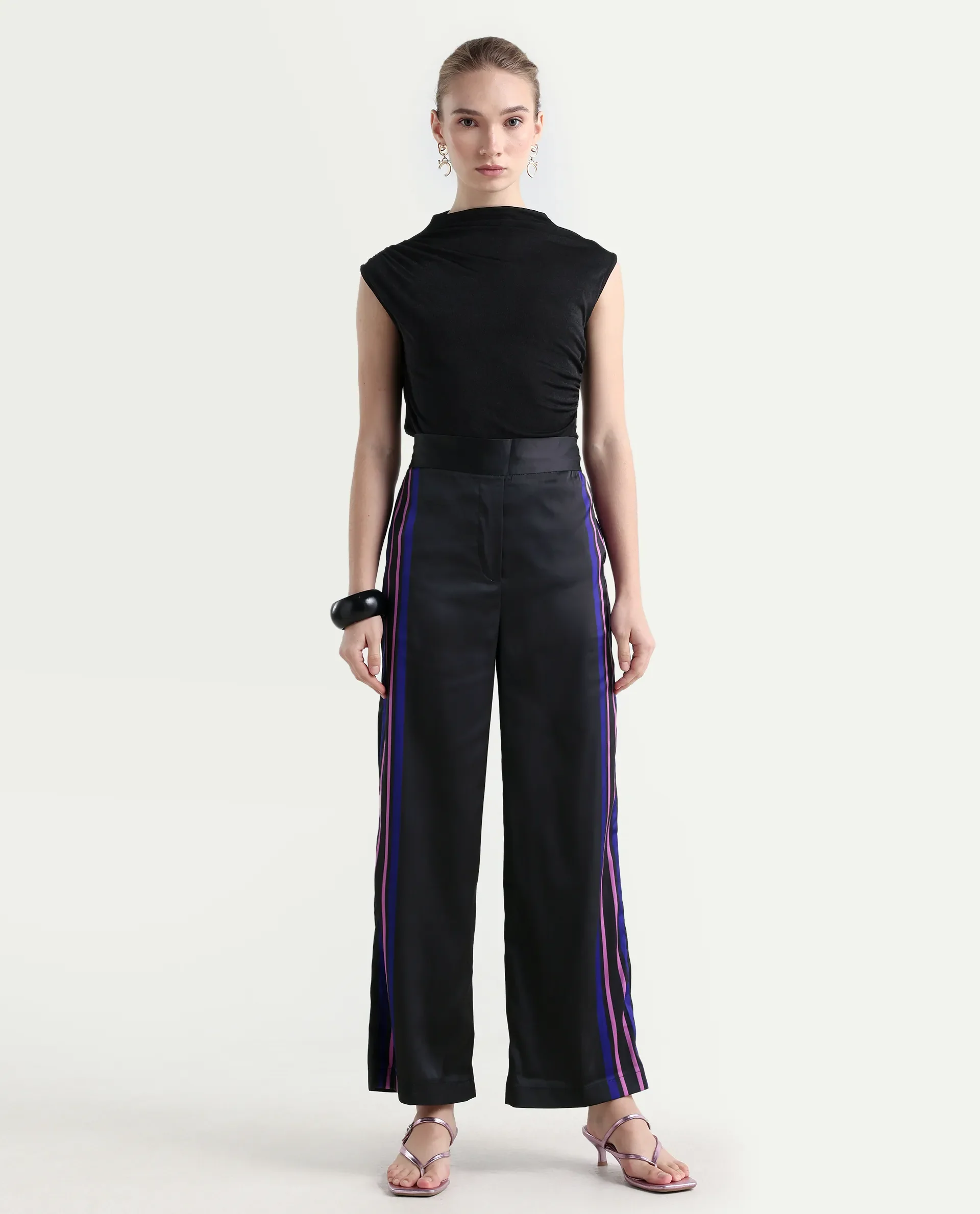 Rareism Women's Craig Black Polyester Striped Ankle Length Regular Fit Trouser - Image 2