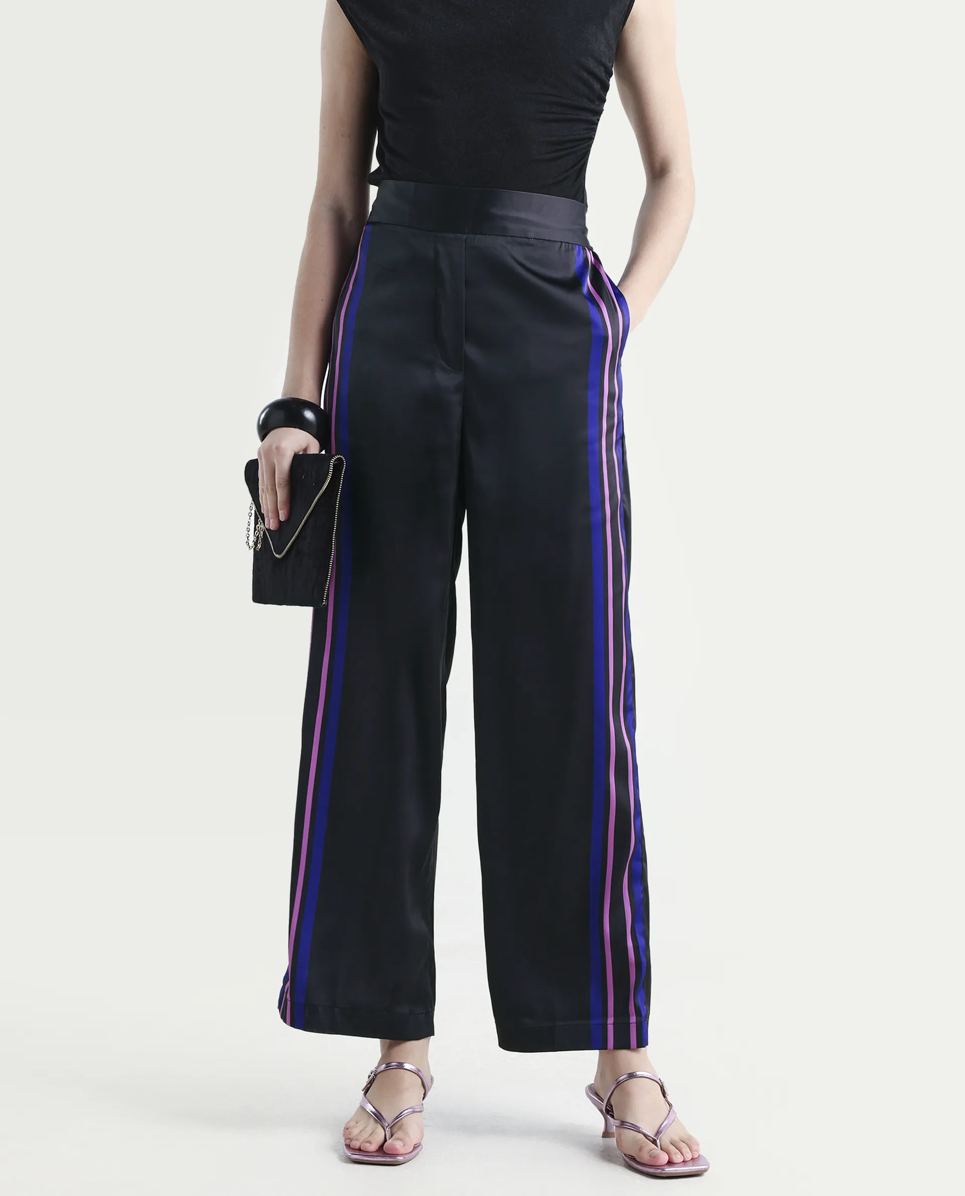 Rareism Women's Craig Black Polyester Striped Ankle Length Regular Fit Trouser - Image 3