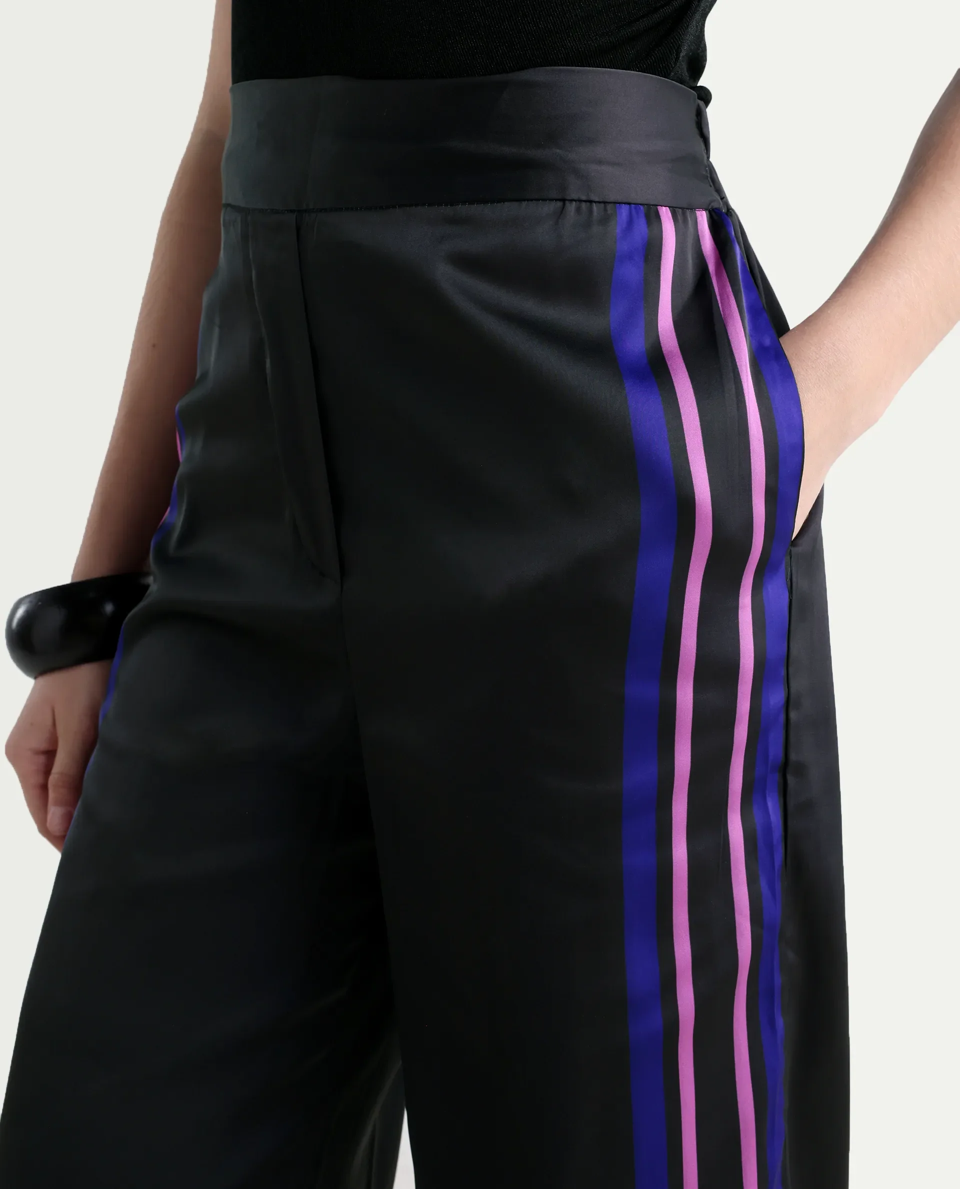 Rareism Women's Craig Black Polyester Striped Ankle Length Regular Fit Trouser - Image 4