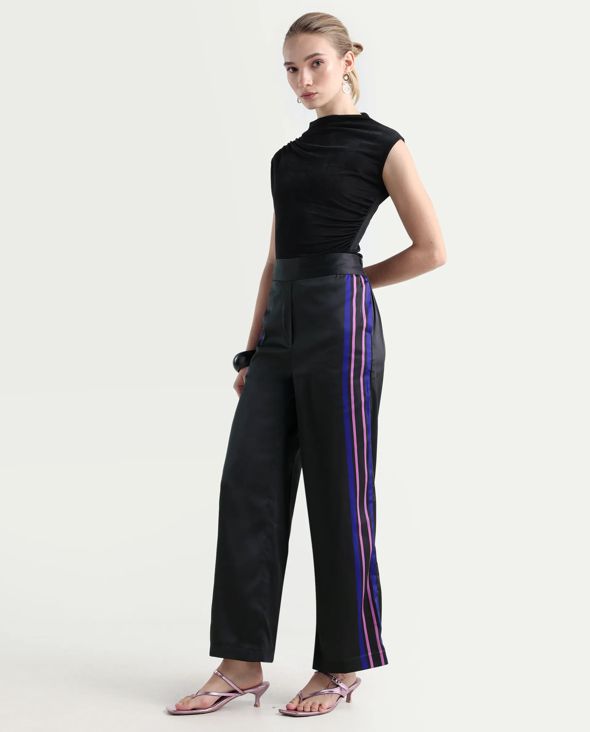 Rareism Women's Craig Black Polyester Striped Ankle Length Regular Fit Trouser - Image 5