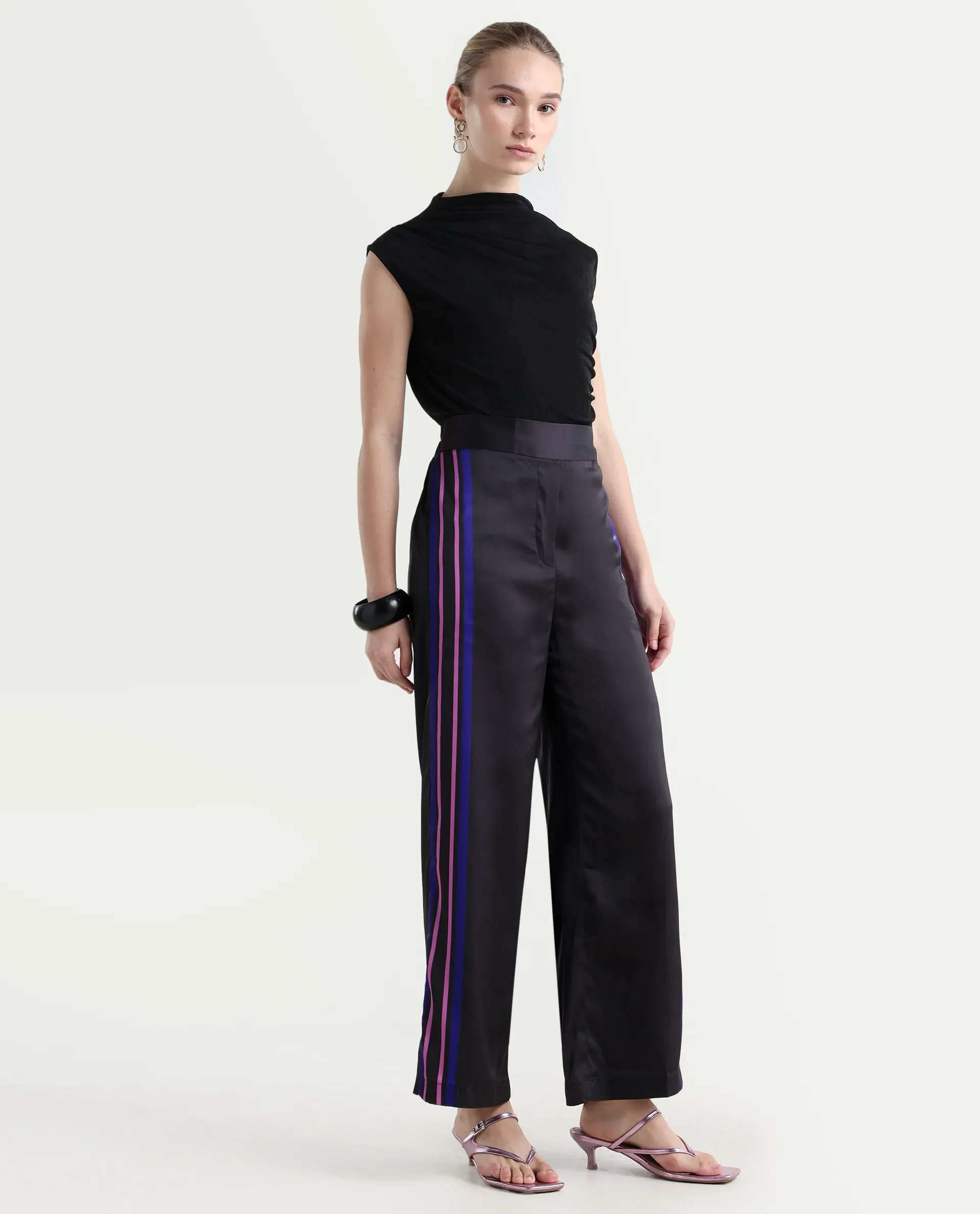 Rareism Women's Craig Black Polyester Striped Ankle Length Regular Fit Trouser - Image 6