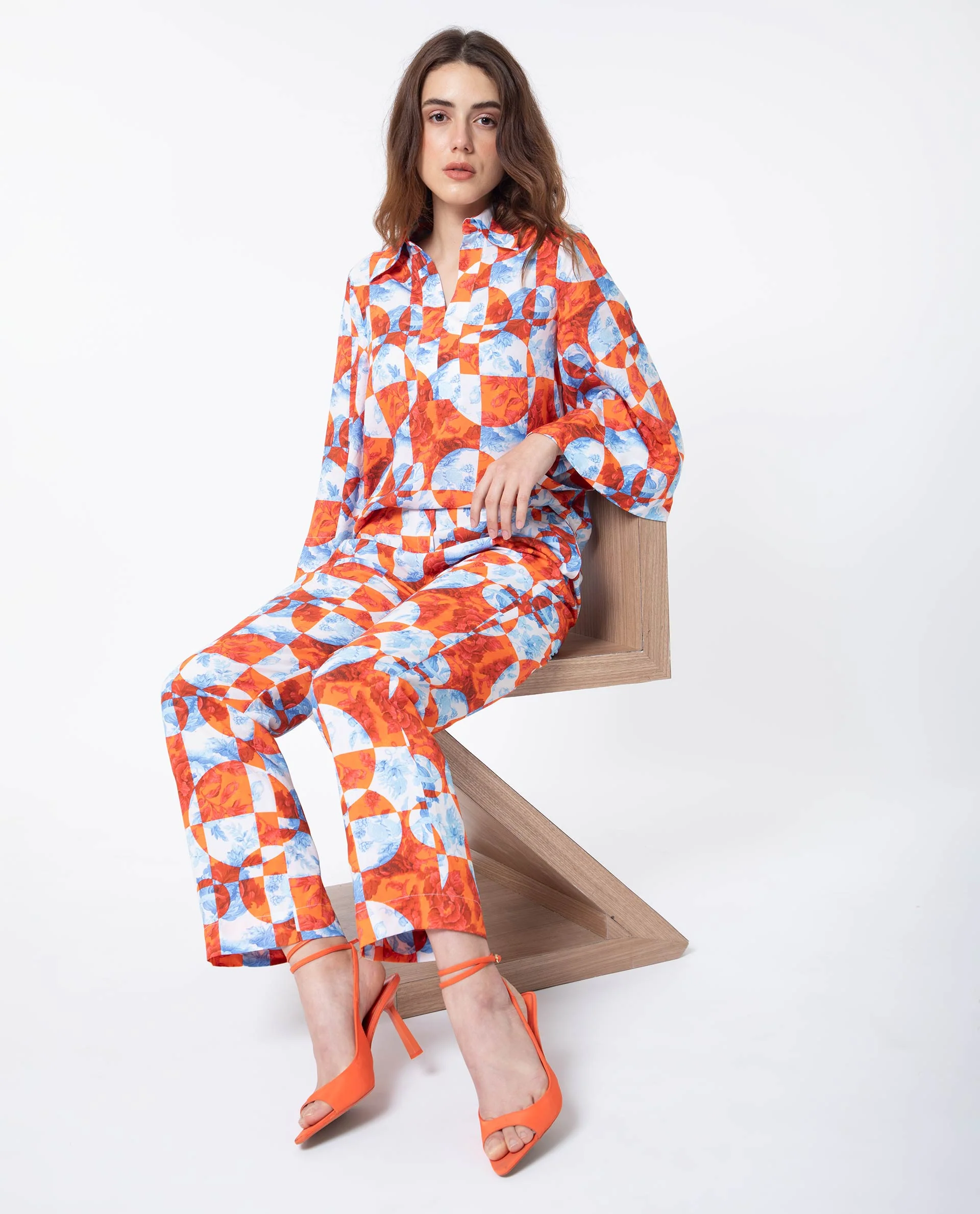 Rareism Women's Crawford Orange Viscose Spread Collar Floral Print Flared Sleeve Regular Fit Top - Image 3