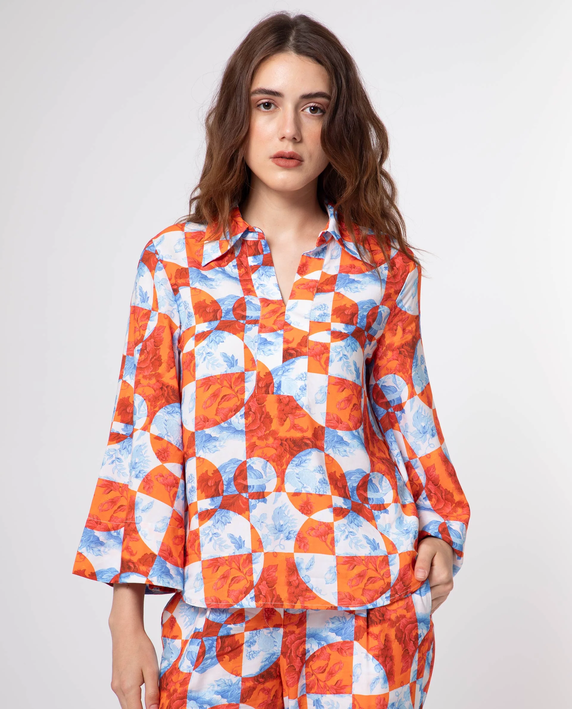 Rareism Women's Crawford Orange Viscose Spread Collar Floral Print Flared Sleeve Regular Fit Top - Image 4