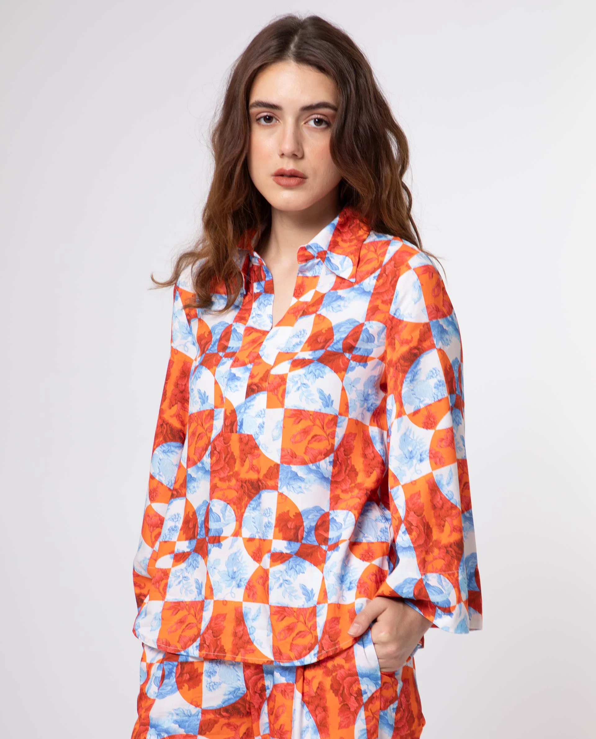 Rareism Women's Crawford Orange Viscose Spread Collar Floral Print Flared Sleeve Regular Fit Top - Image 5
