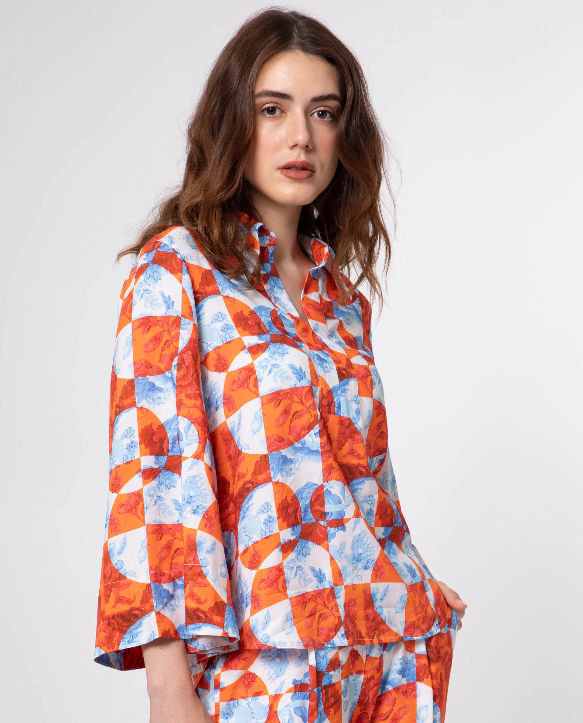 Rareism Women's Crawford Orange Viscose Spread Collar Floral Print Flared Sleeve Regular Fit Top - Image 6